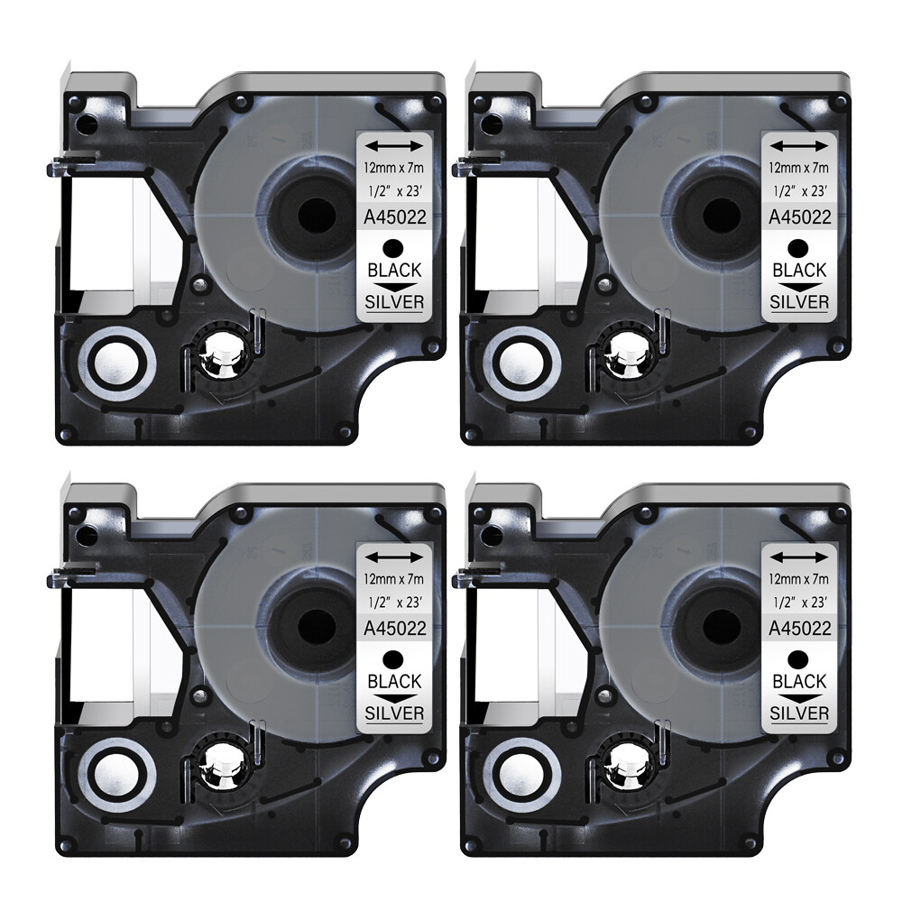 4PK 12mm Black on Silver DYMO D1 45022 LabelManager 100 200 300 Label Tape 0.47″