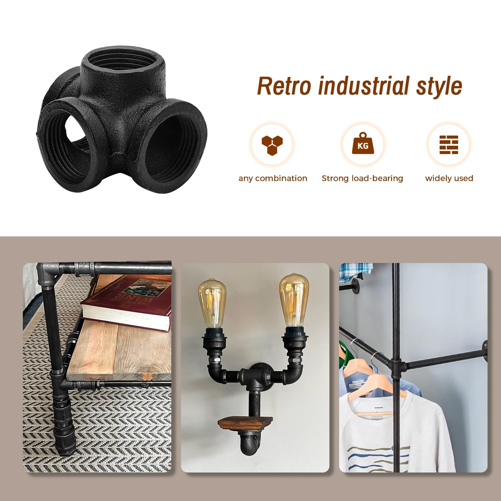 1″ Black Pipe Fittings 4-Way Side Outlet Tee – 4 Pack Malleable Cast Iron Thr…