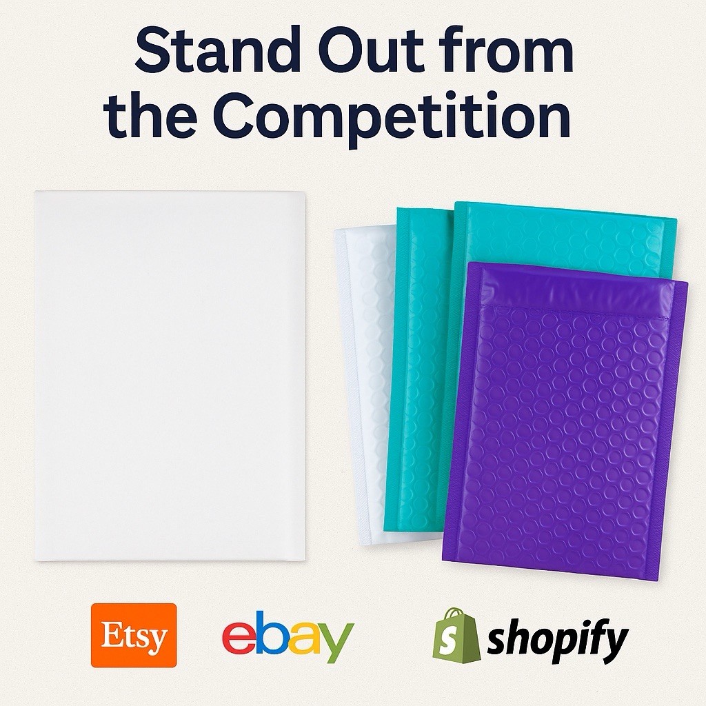 100 4×8 Color Bubble Mailers White Blue Teal Purple + 100 Thank You Stickers
