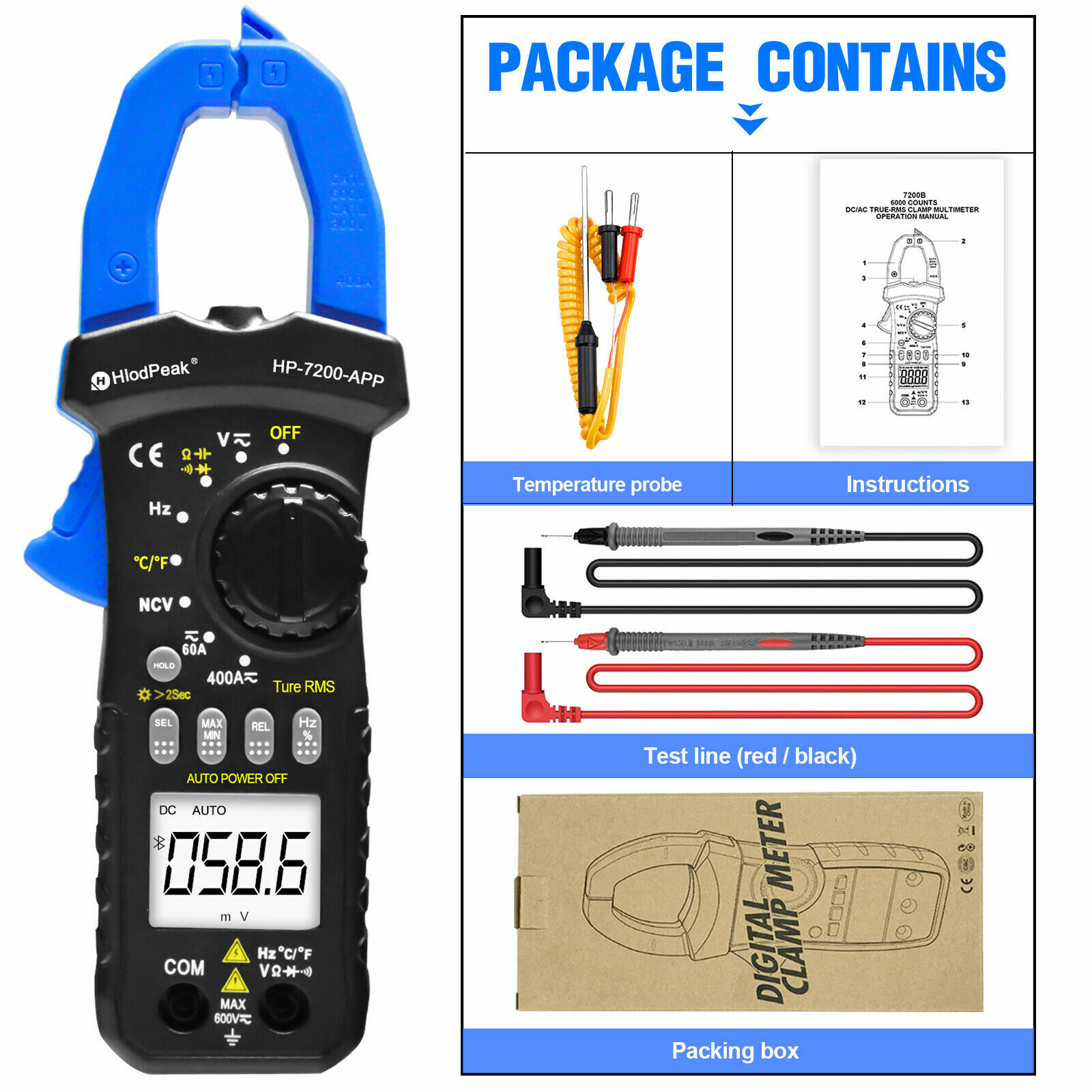 TRMS 6000 Counts Digital Clamp Meter with Bluetooth for AC DC Amp Volt Ohm Test