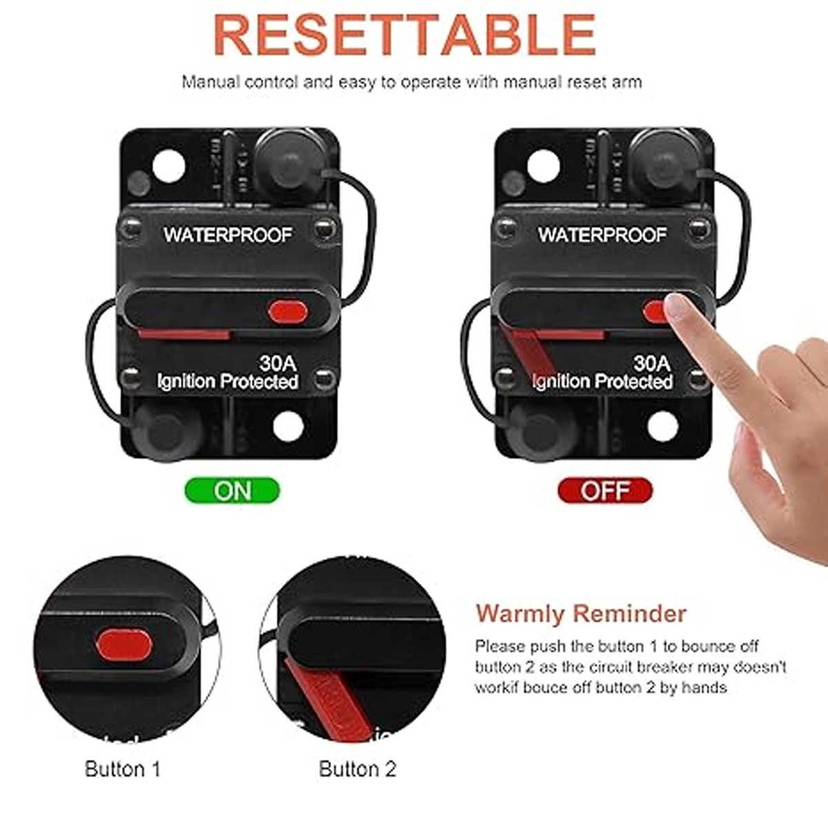 2 pcs 30A Automotive Marine Circuit Breaker with Manual Reset Surface-Mount