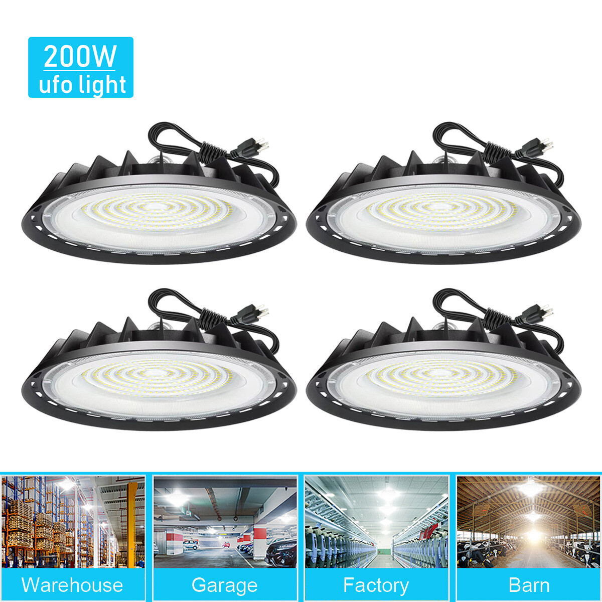 4 Pack 200W UFO Led High Bay Light Commercial Industrial Factory Light 90-277V