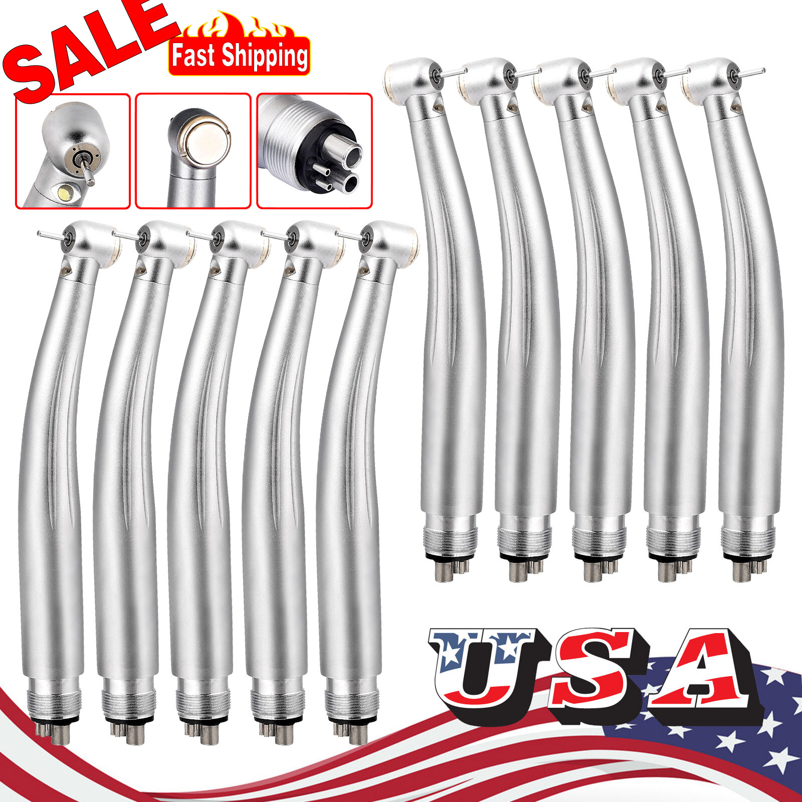 10pcs Dental Fiber Optic LED E-generator High Speed Air Turbine Handpiece 4 Hole