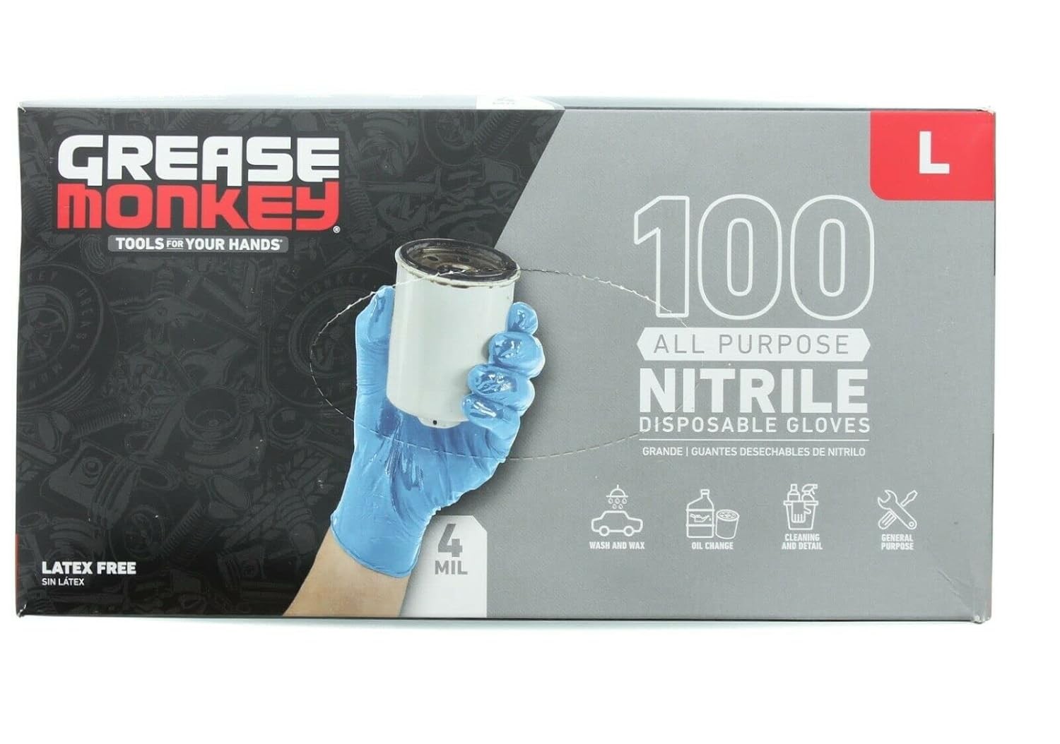 GREASE MONKEY ALL PURPOSE 4MIL THICKNESS DISPOSABLE NITRILE GLOVES 100CT SIZE: L