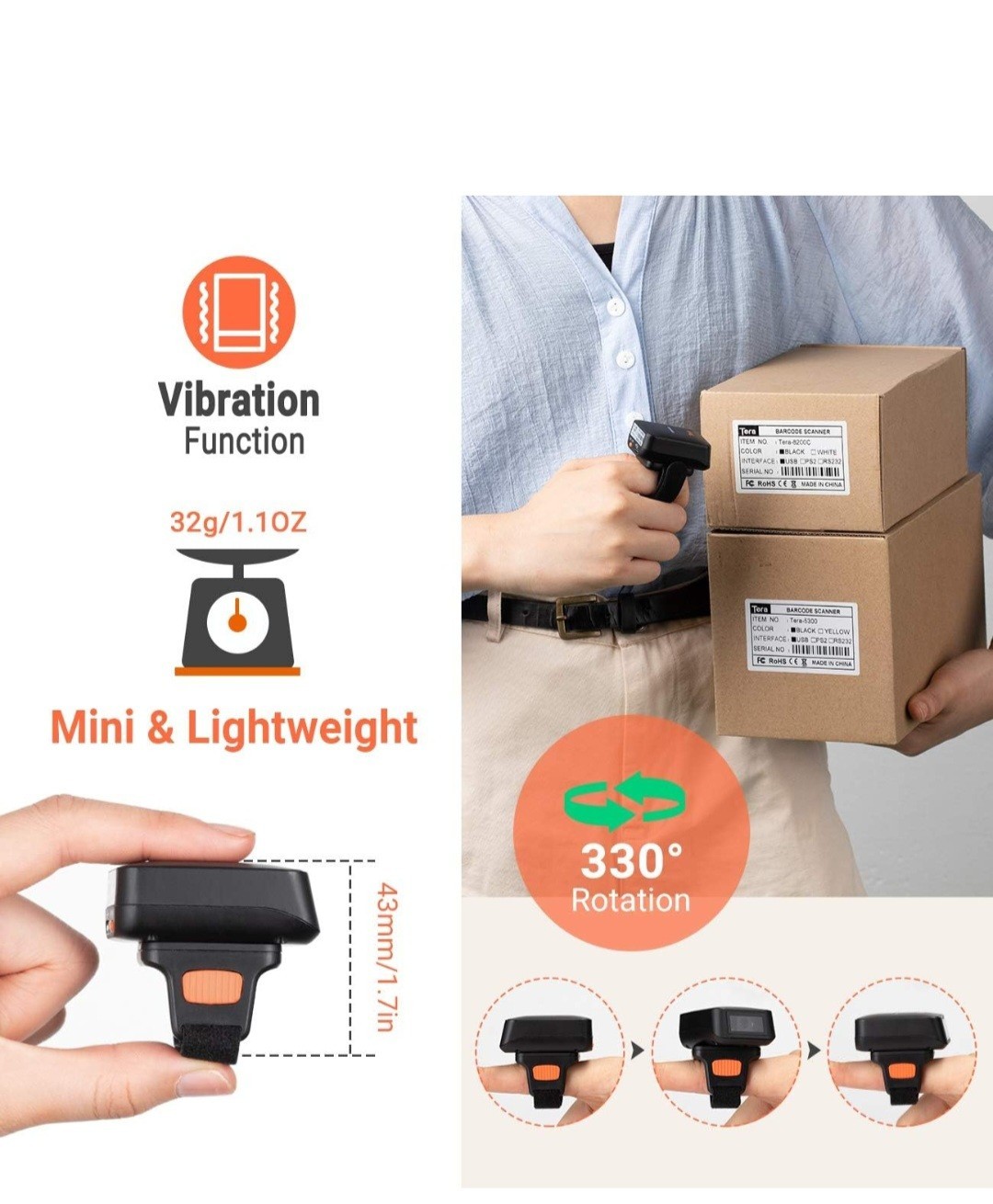 Tera HW0010 Wireless 2D Ring Mini Wearable Barcode Scanner