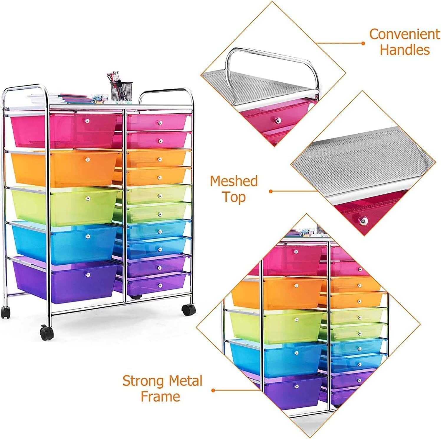 COSTWAY 15 Drawer Rolling Storage Cart, Mobile Utility Cart with Rainbow