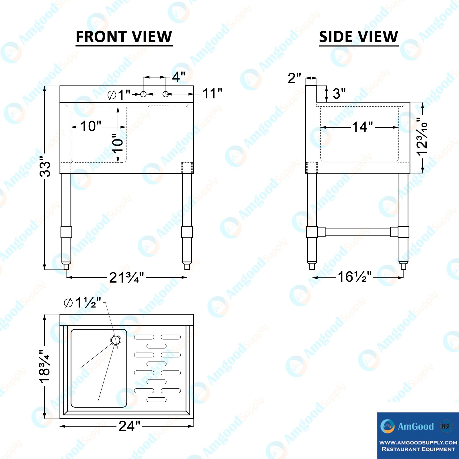 24 in. x 19 in. One Compartment Underbar Sink With Right Drainboard