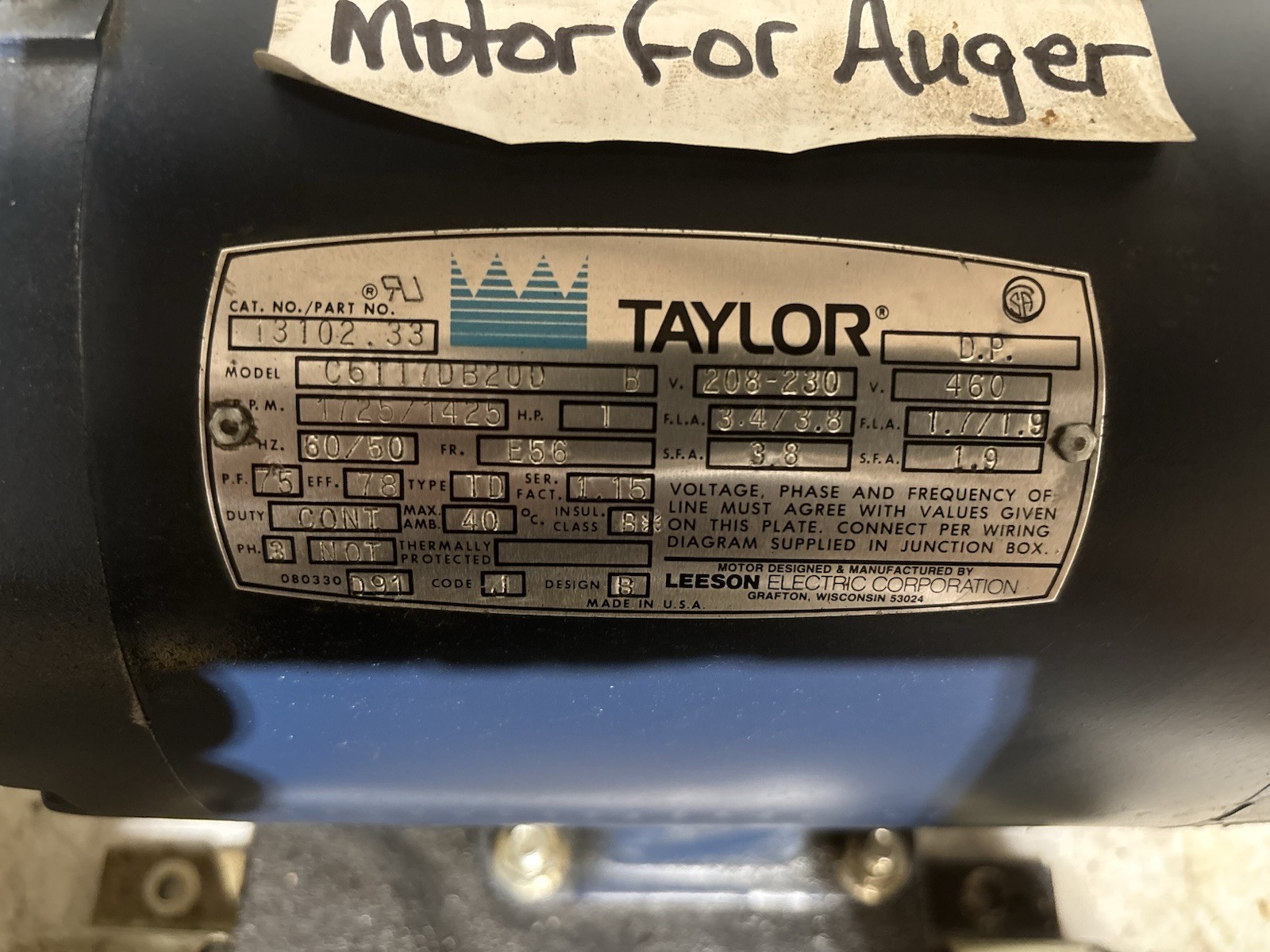 Taylor 013102-33 Beater Motor, 208/230V, 1HP, 3PH, Tested! Excellent Condition