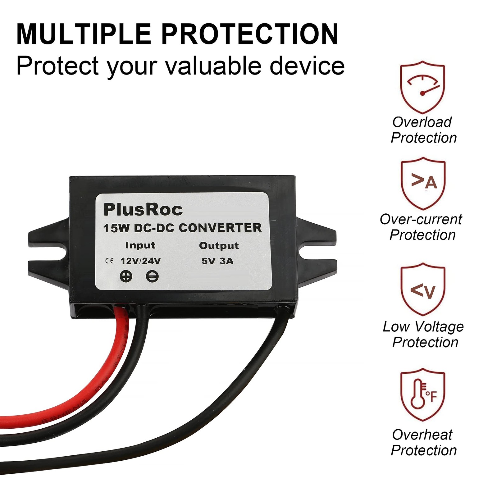 Waterproof DC 12V/24V to 5V 3A Converter, 5.5×2.1mm DC Male Plug