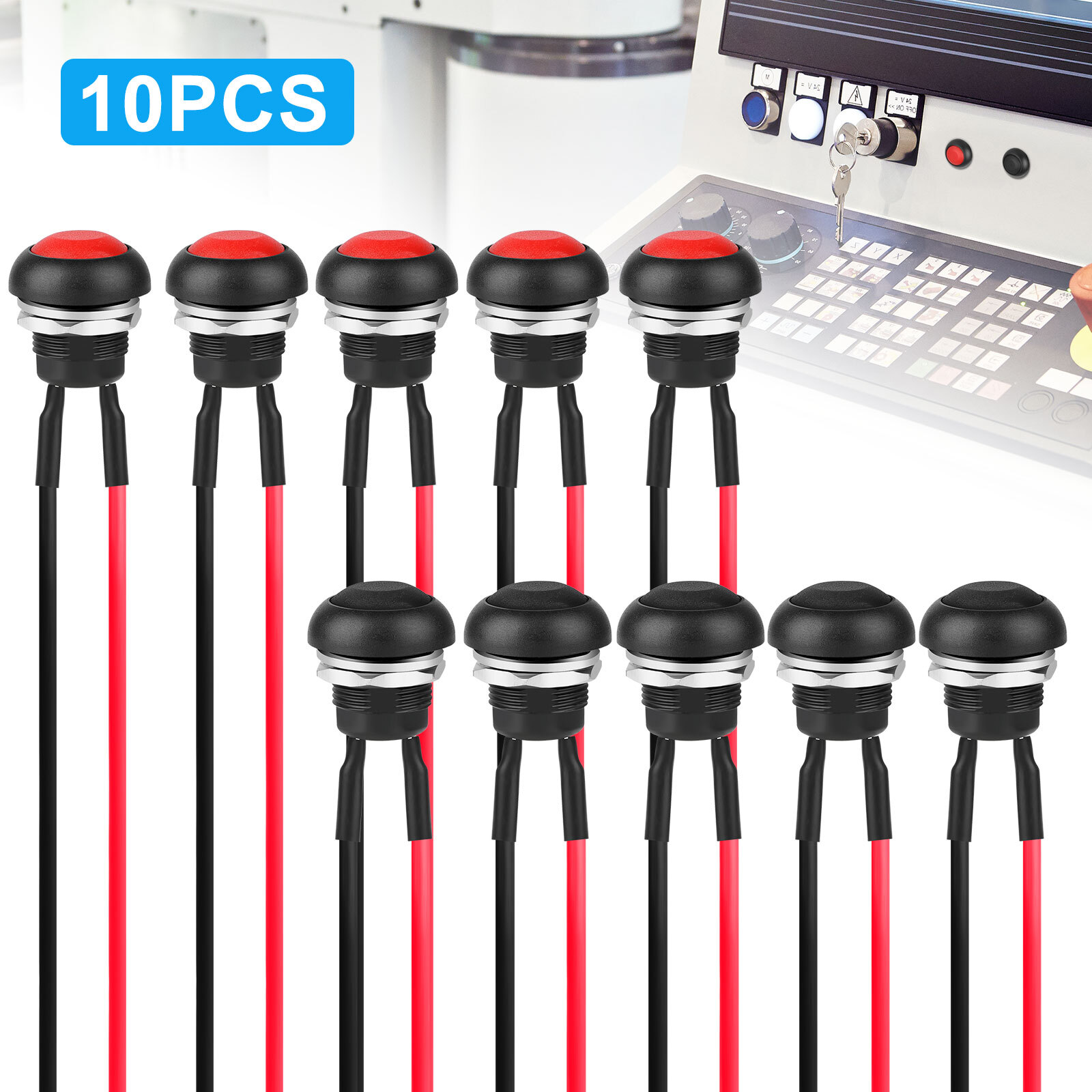 10pcs SPST 12mm Momentary Push Button Switch Waterproof 2 Pin 250V w/ Pre-Wired