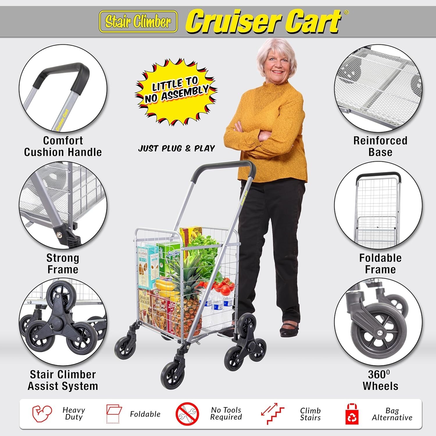 Silver Folding Stair Climber Cart with 6 Wheels: Ideal for Grocery & Laundry Use