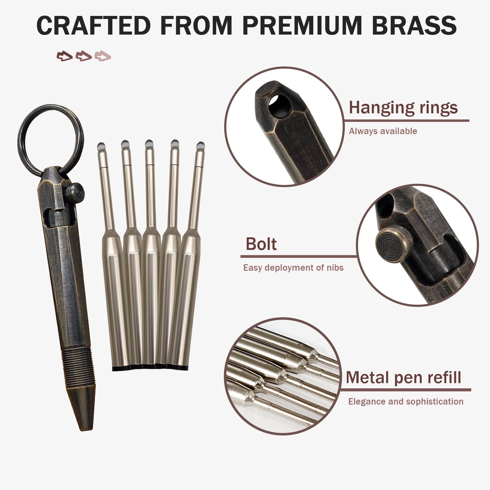 Mini Brass Bolt Action Keychain Pen 6 Piece Set 1 Pen + 5 Refills, Compact …