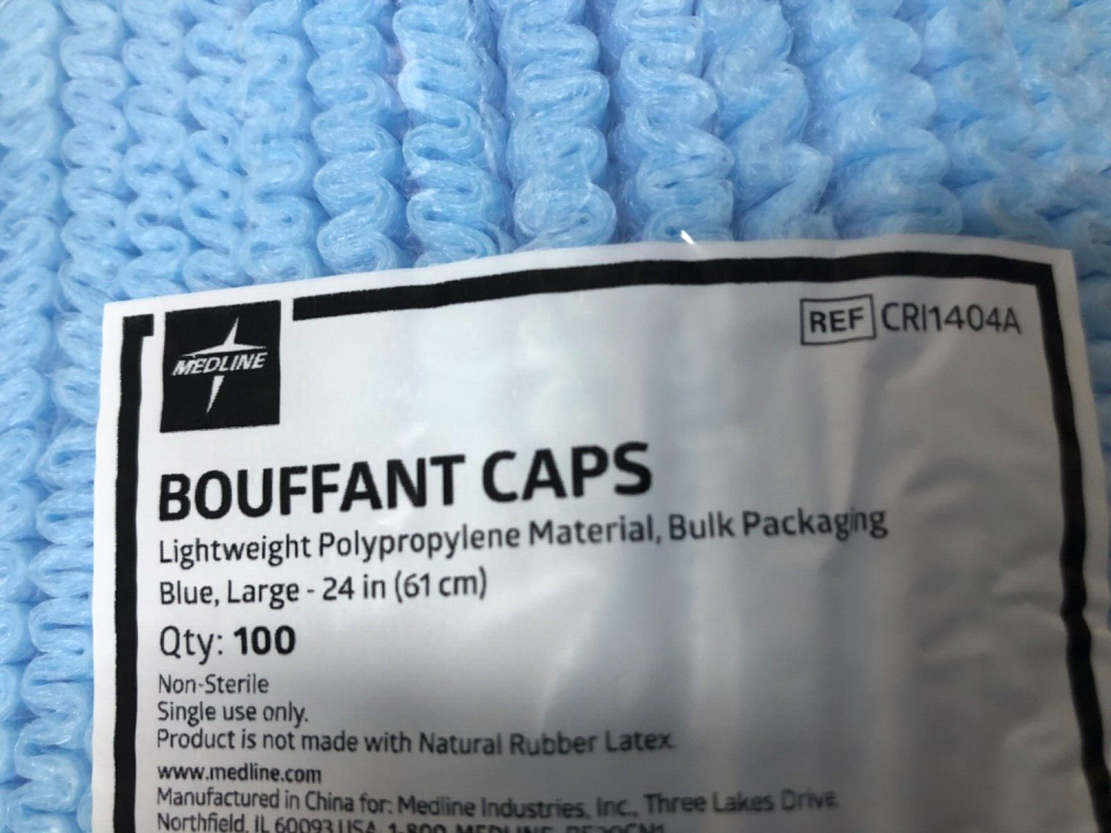 1000 Case – Medline 24″ Blue Bouffant Cap Non Woven Disposable Hairnet CRI1404A