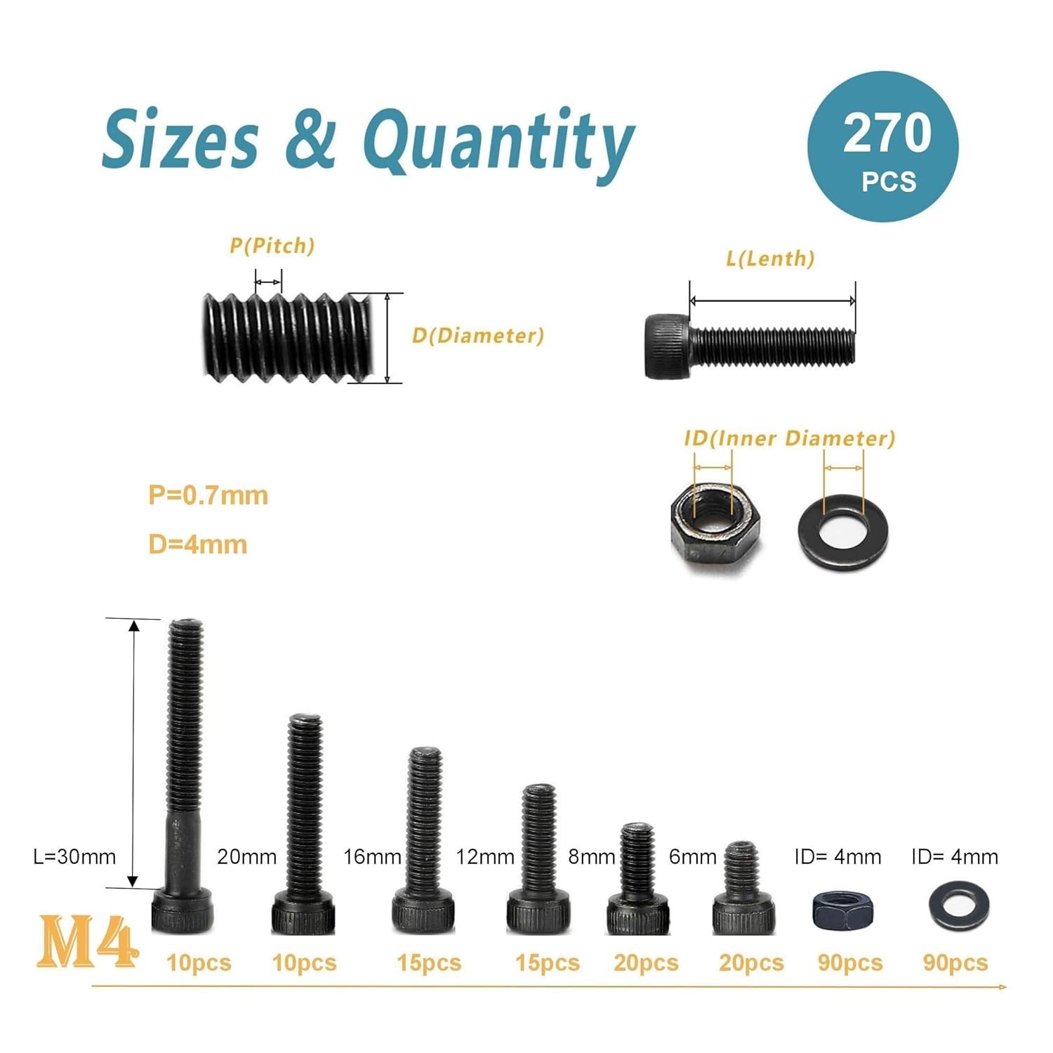 Versatile 270 Pcs M4 Screws with Nuts/Washers – Ideal for All DIY Projects