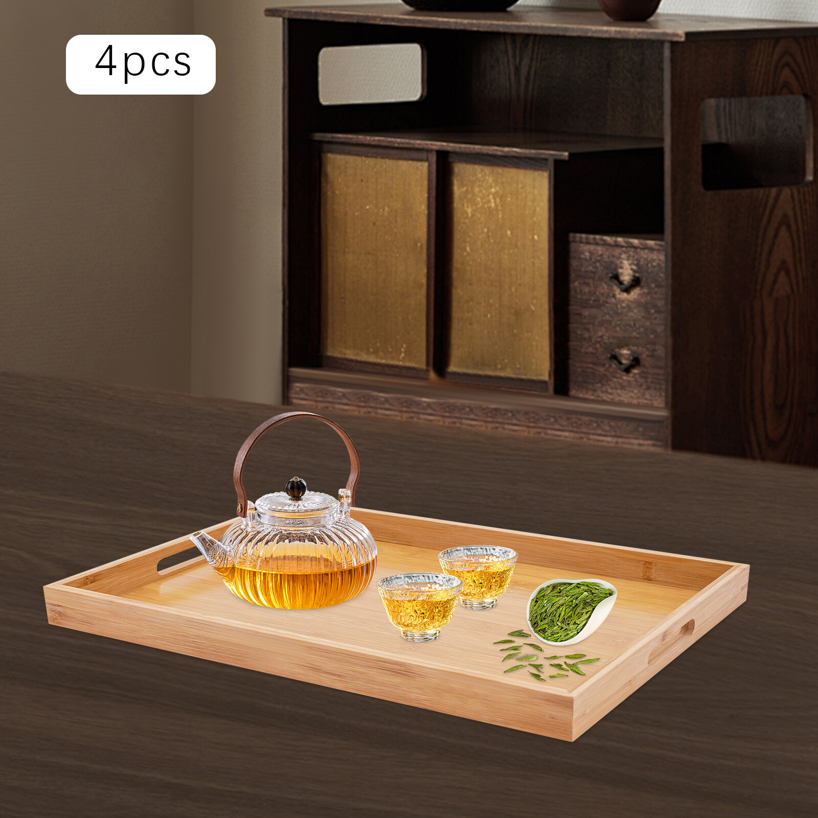 Bamboo Serving Trays 4-Piece Set Rectangular 18.1 × 13 × 1.4 In Log Color