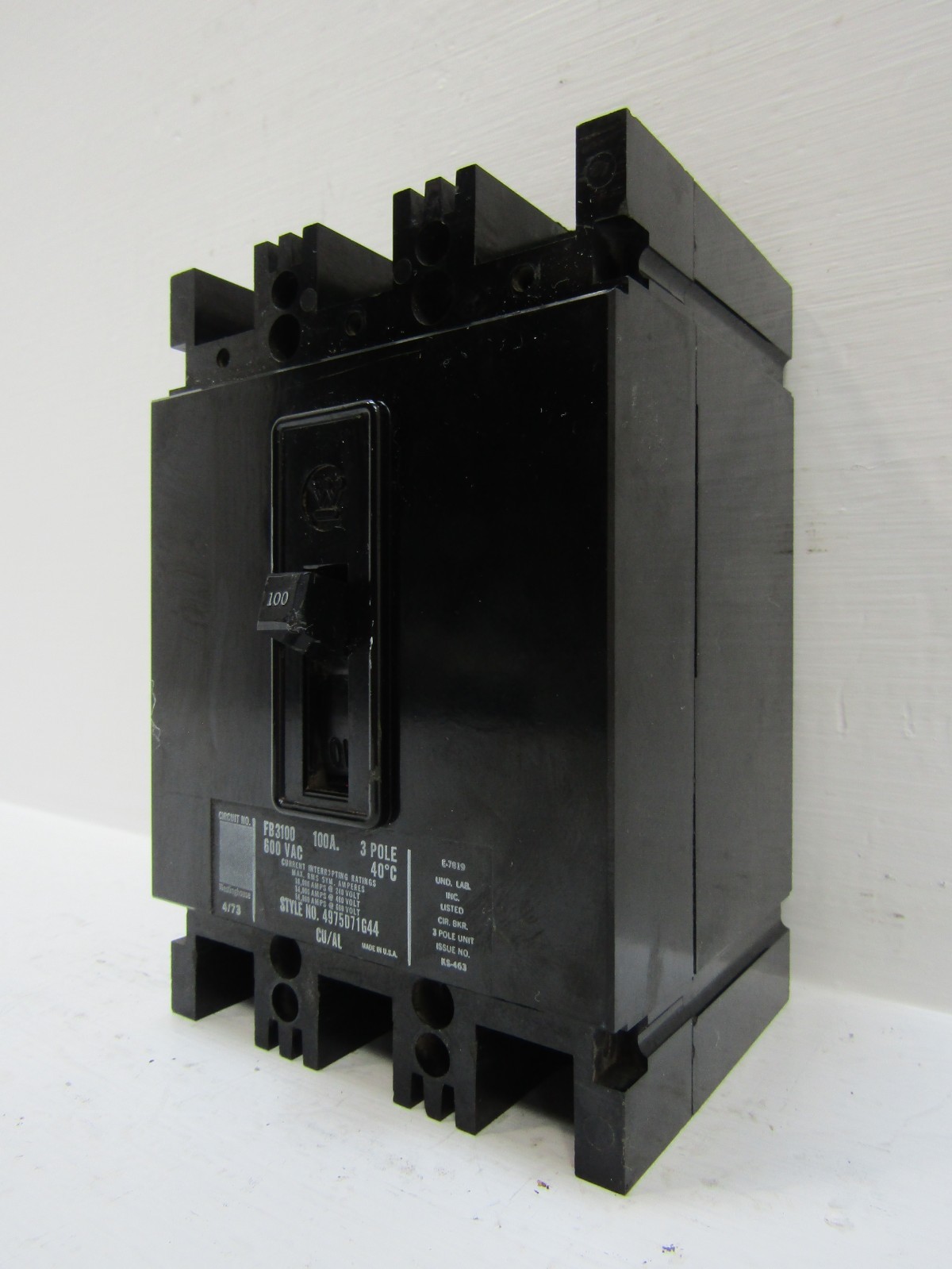 Westinghouse FB3100 100 Amp 600V 3-Pole Circuit Breaker 100A 4975D71G44