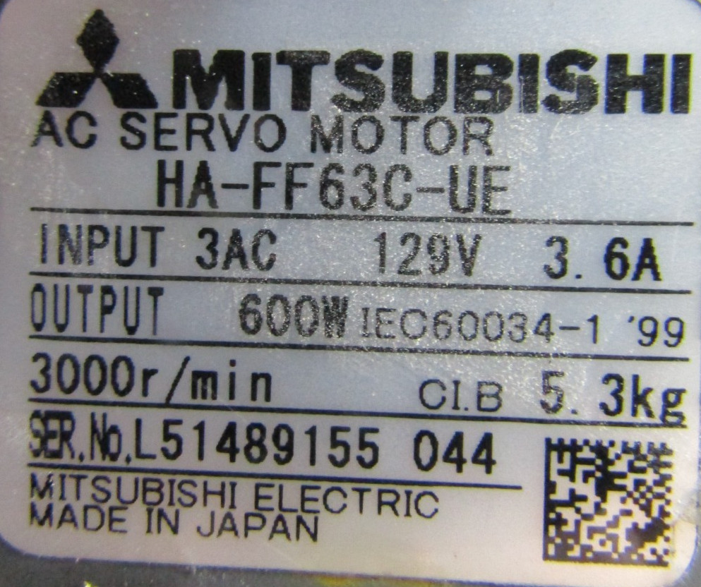 😀 MITSUBISHI 3000 RPM AC SERVOMOTOR 129V 3.6A 600W HA-FF63C-UE W/ RPL GEAR BOX