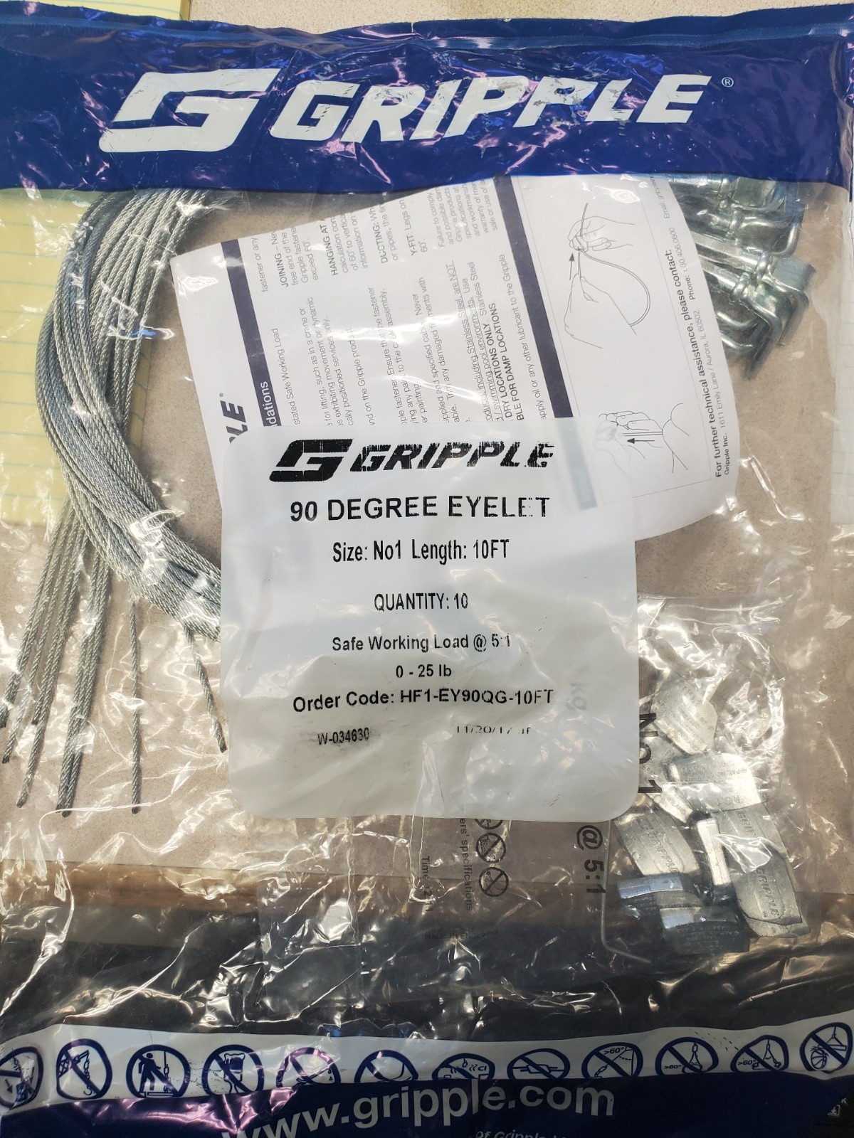 GRIPPLE® HF1-EY90QG-10FT Standard Hanger With 90 deg Eyelet End, #1, 25 lb Load,