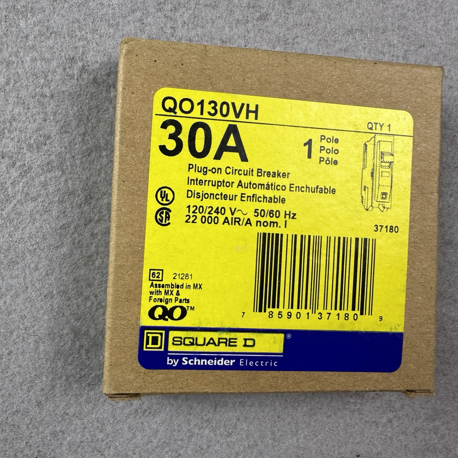 SQUARE D QO130VH 30A 120 V 22kA Circuit Breaker QO Type 1 Pole New in Box