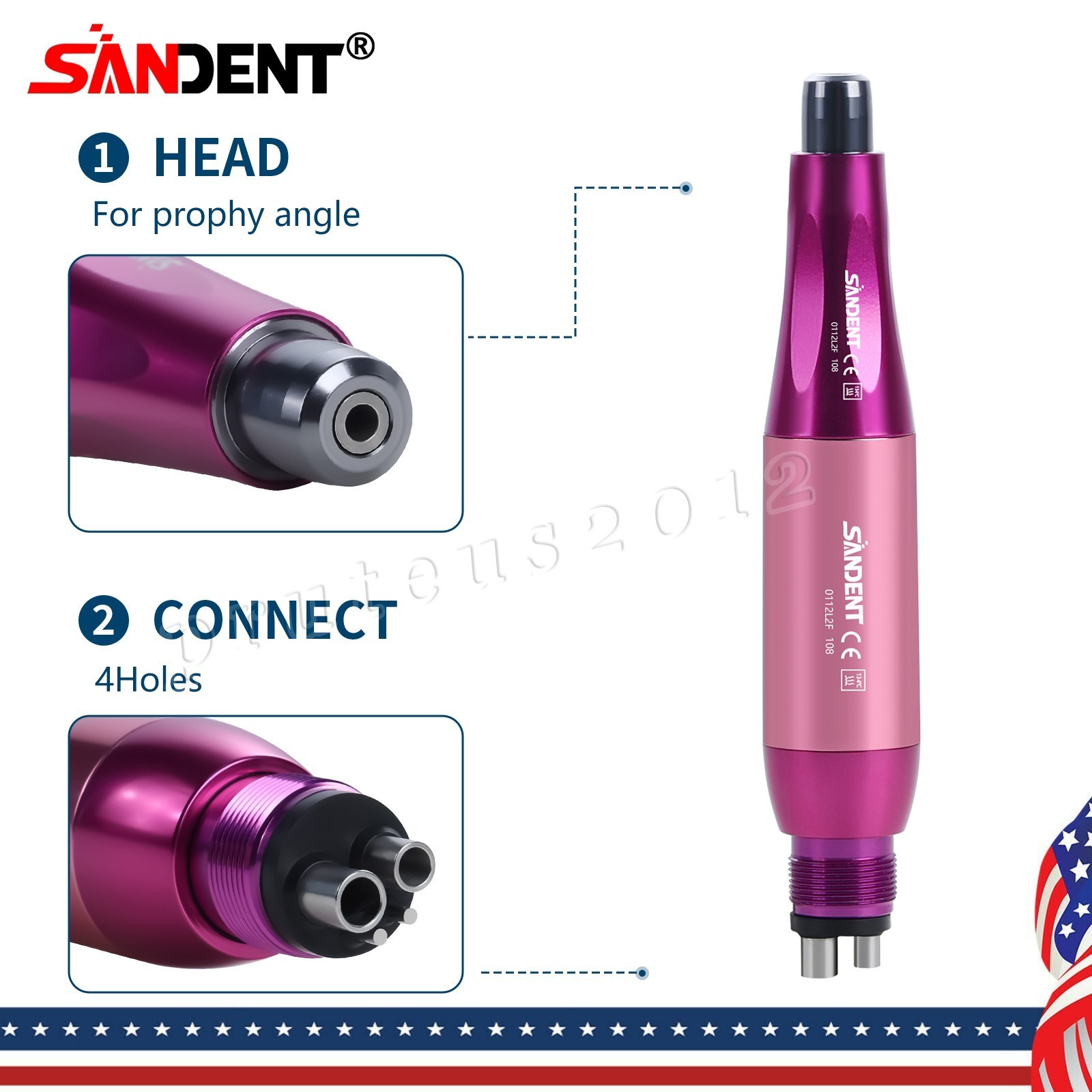 Dental Hygiene Prophy Handpiece Air Motor 4 Holes 4:1 Nose Cone 360°Swivel Pink