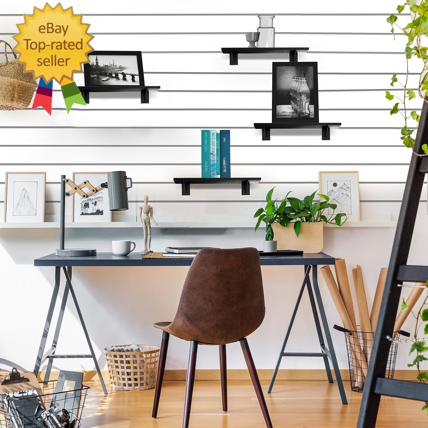 4 Pack Large Wooden Slatwall Shelf, 24 X 12 Inch Slatwall Shelves with Metal Bra