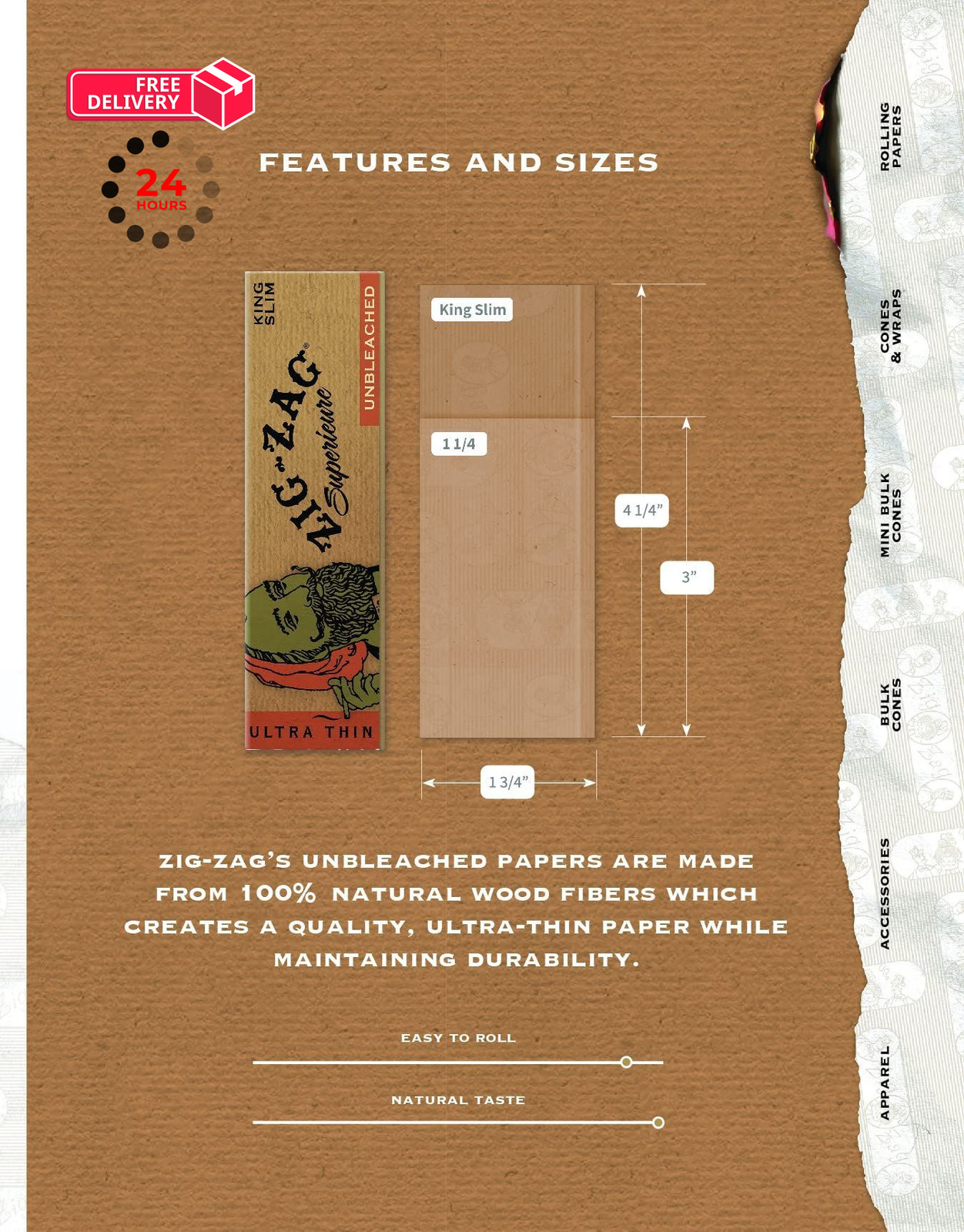 ZIG-ZAG Rolling Papers 1¼ Unbleached (6 Booklets) – 50 78 millimeters, Brown