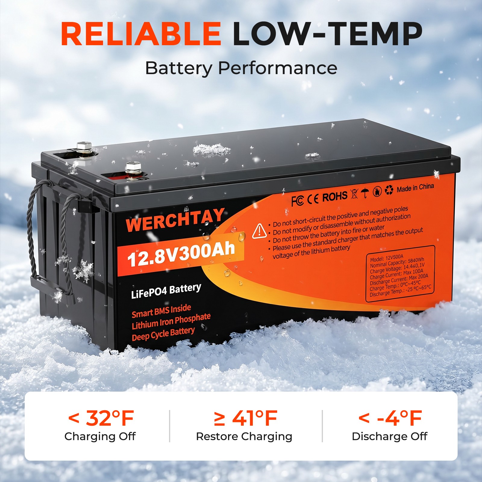WERCHTAY 12V 300Ah LiFePO4 Battery Deep Cycles 3840Wh 200A BMS for RV Solar Boat