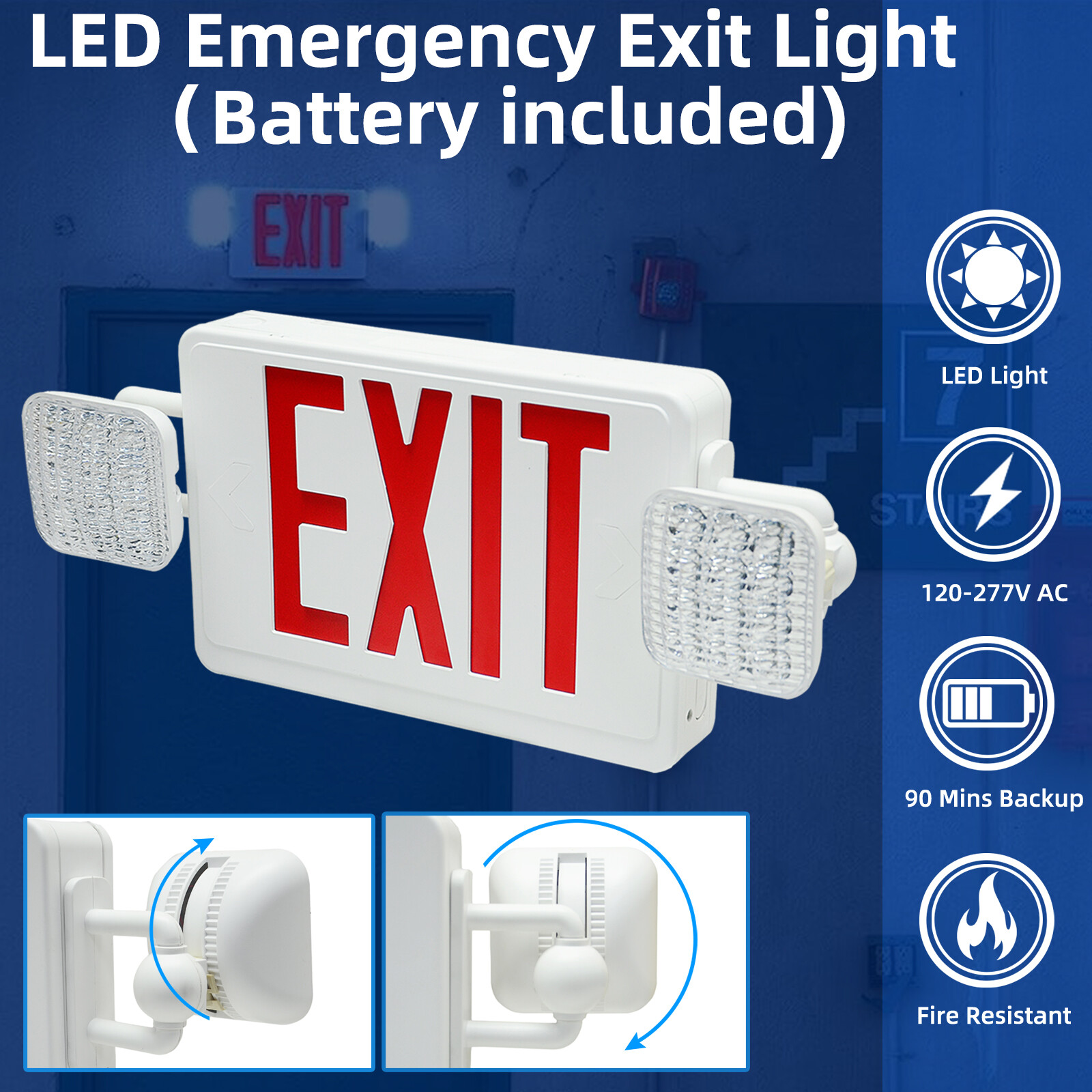 Exit Sign with Emergency Lights, Two LED Adjustable Head Emergency Exit Lights