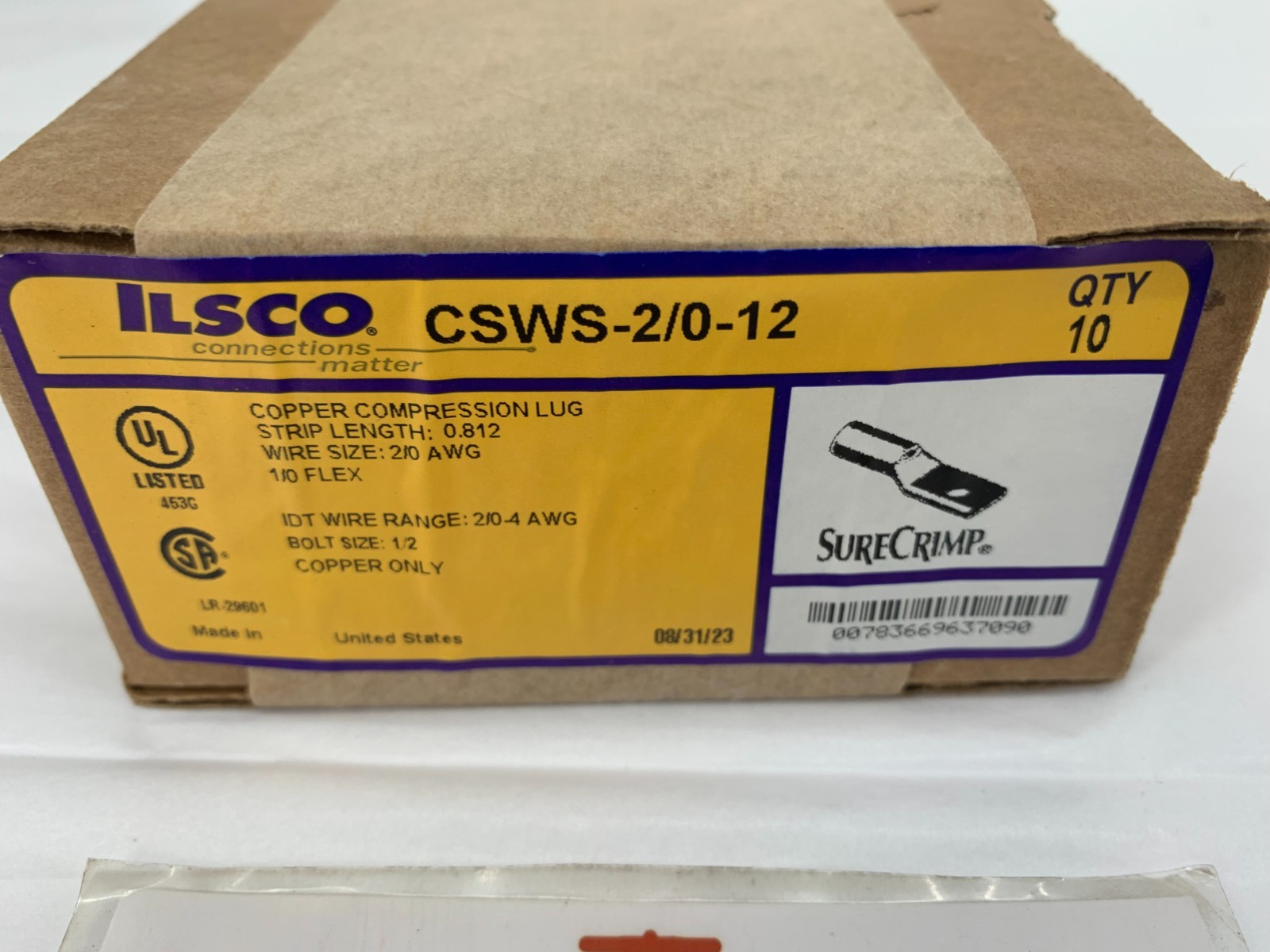 Ilsco CSWS-2/0-12 Surecrimp Copper Compression Lug Conductor 2/0 1-Hole Qty. 10