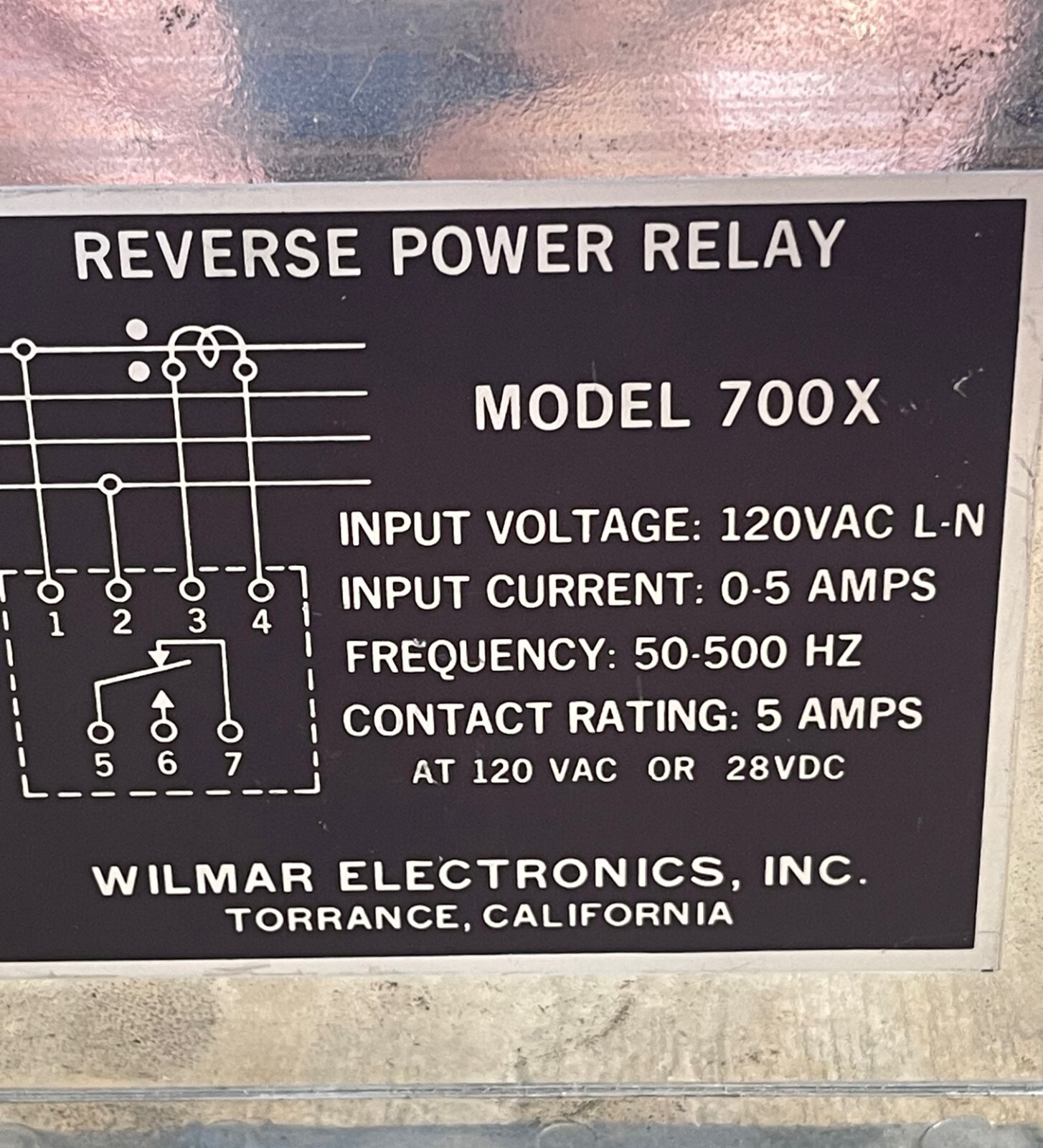 WILMAR ELECTRONICS MODEL 700X REVERSE POWER RELAY 0-5A 120VAC 50-500HZ