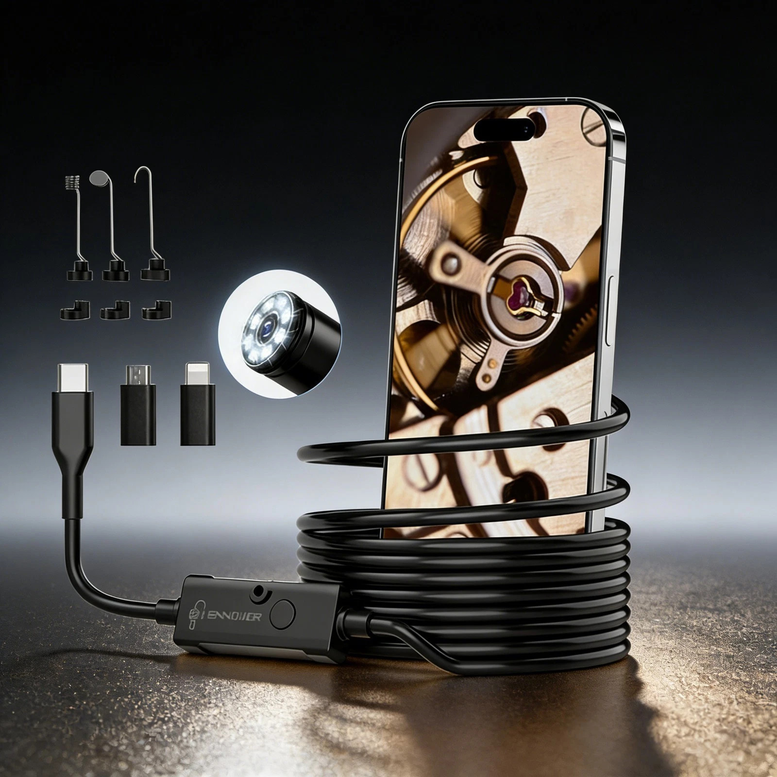 1920P 5M Endoscope Camera with Light,HD Borescope Camera for iOS Android, 8 LEDs