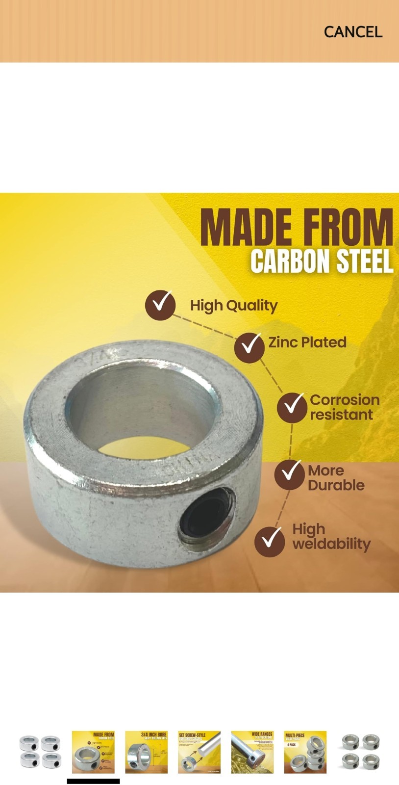 3/4” Bore (10 PCS) Set solid shaft collar, zinc plated. FREE SHIPPING