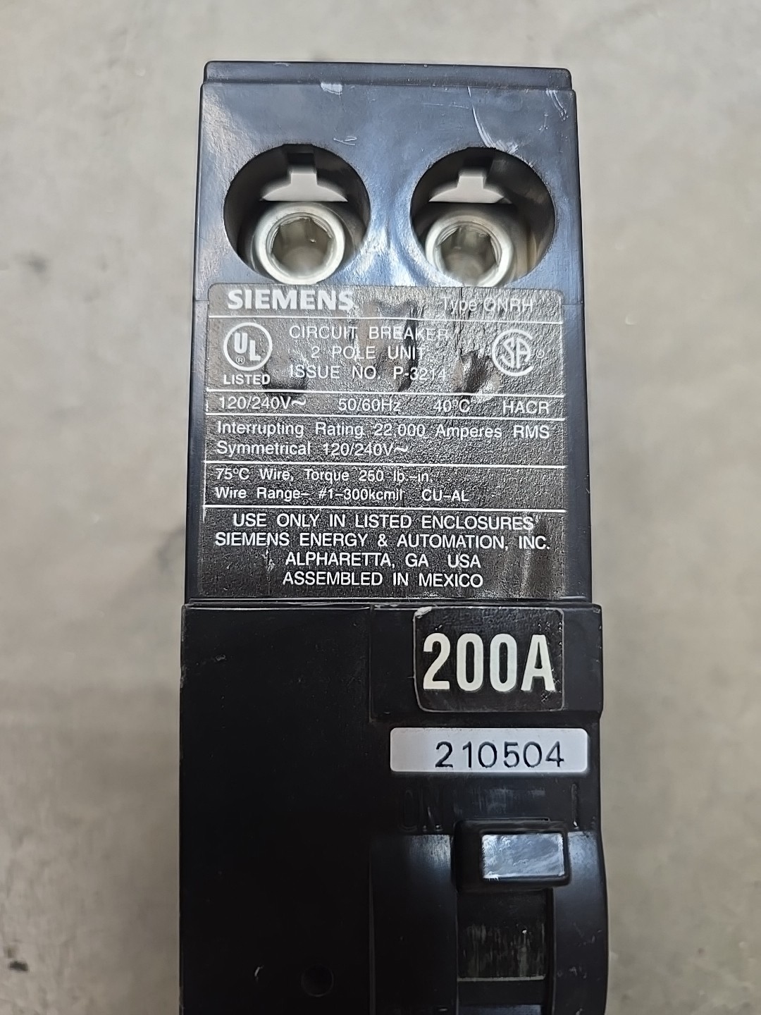 Siemens QN2200RH Main Circuit Breaker 200A 120V 240V 2 Pole QNRH