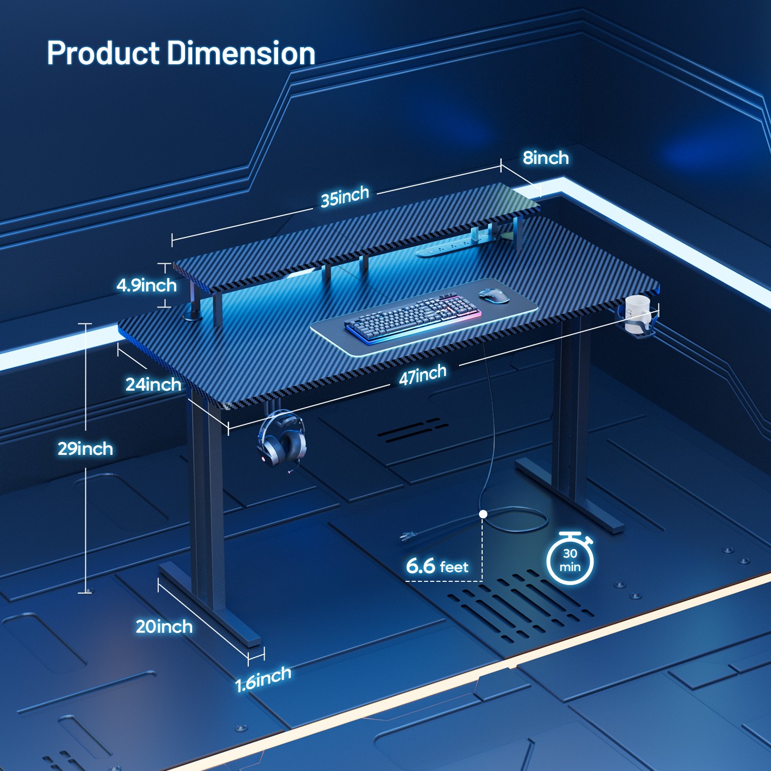 47» Gaming Desk with LED Light & Power Outlets, Gamer Table with Monitor Stand