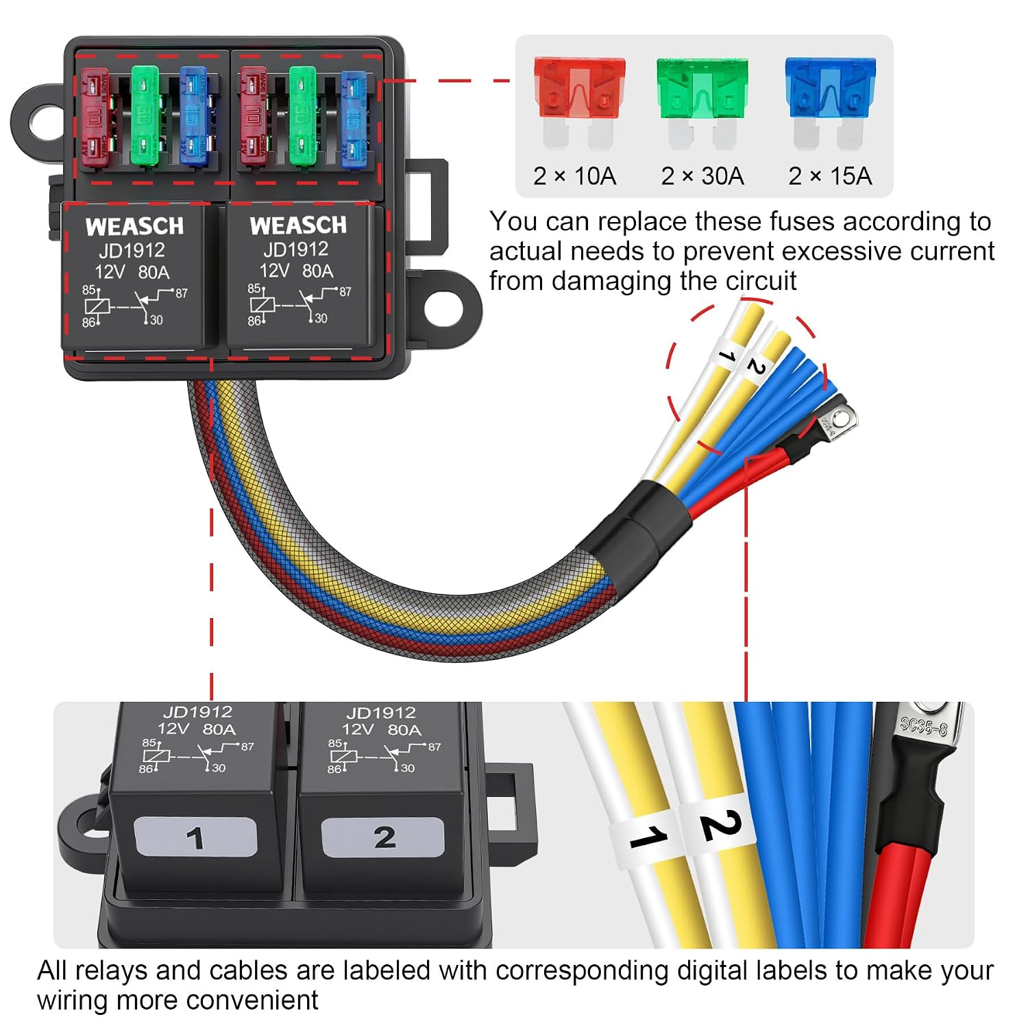 12V 6 Way Pre-Wired Fuse Relay Box Kit with Two 80A 4-Pin Relays | 6 ATC/ATO