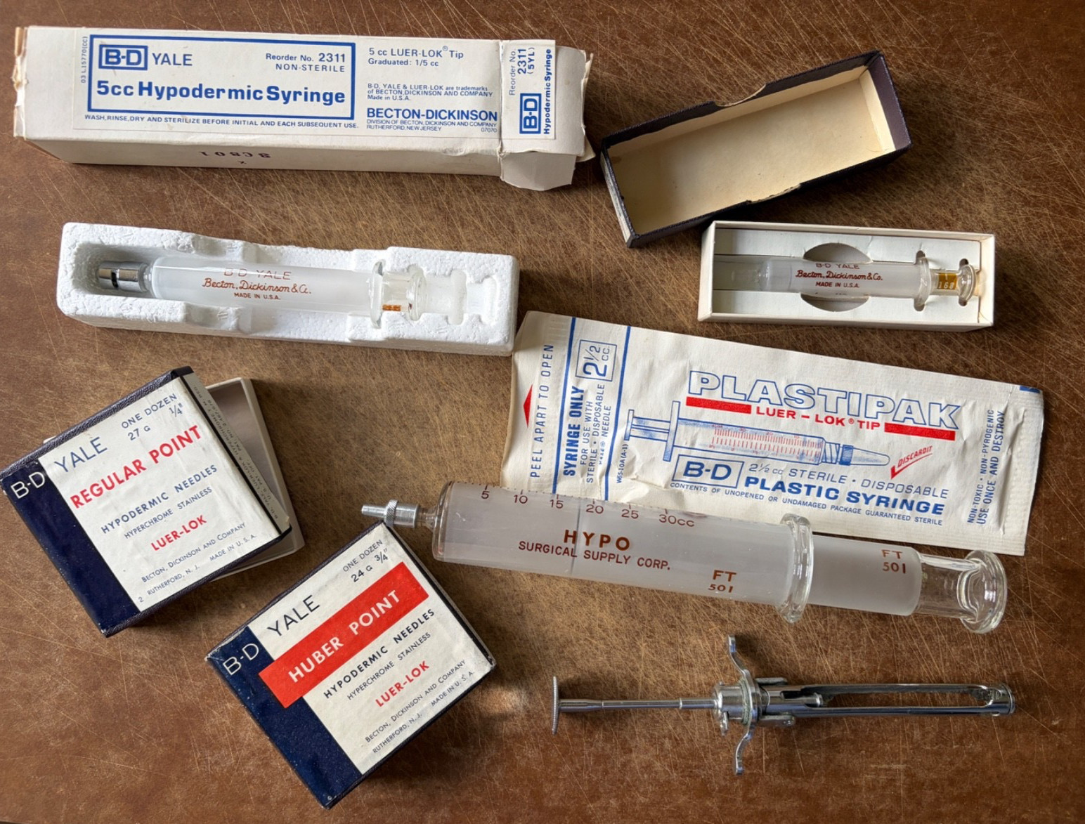 Vintage Medical Doctor’s Ephemera Lot Glass Metal Syringes B-D Plastipak