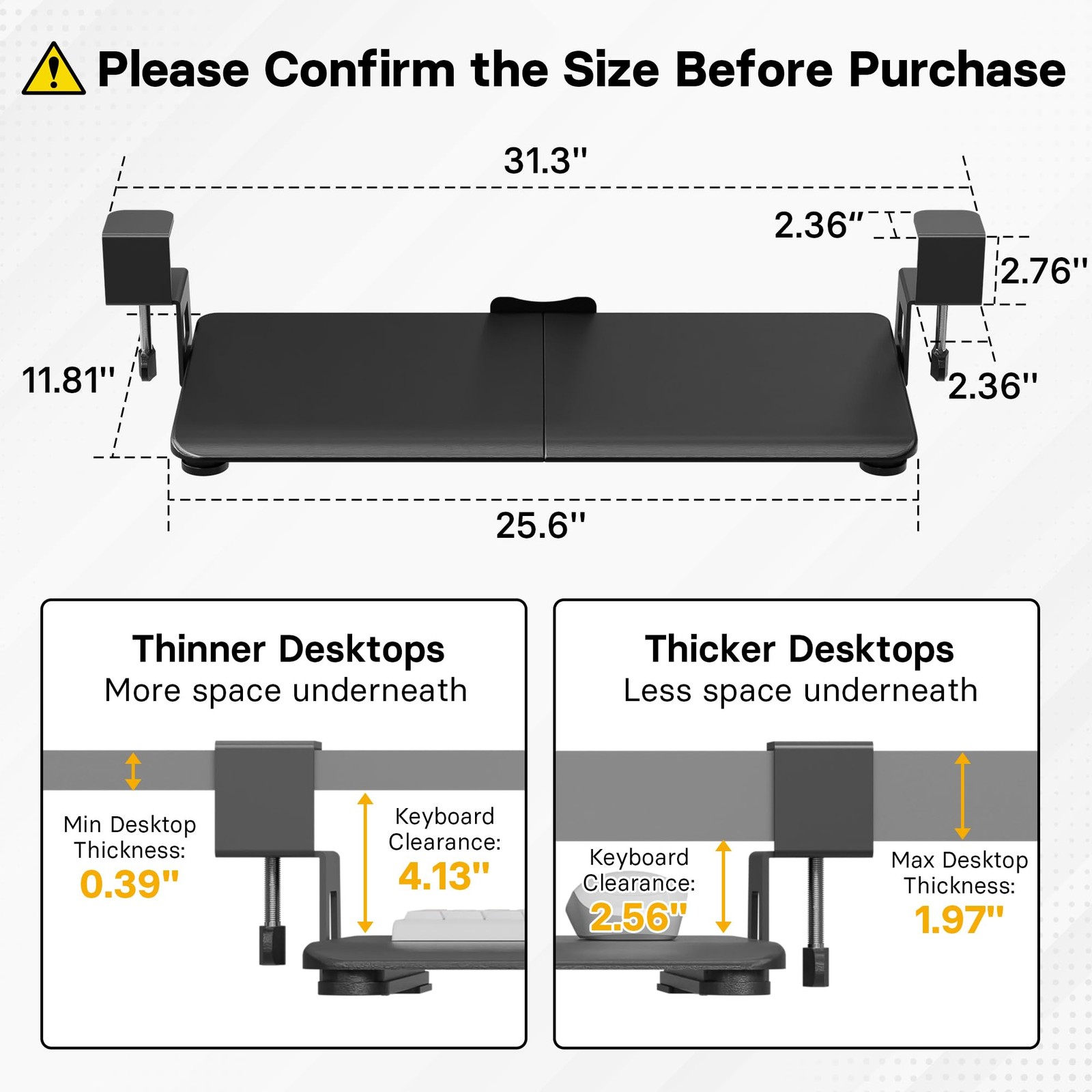 BONTEC Under Desk Keyboard Tray 25.6×11.8in Pull Out Drawer C-Clamp Mount Black