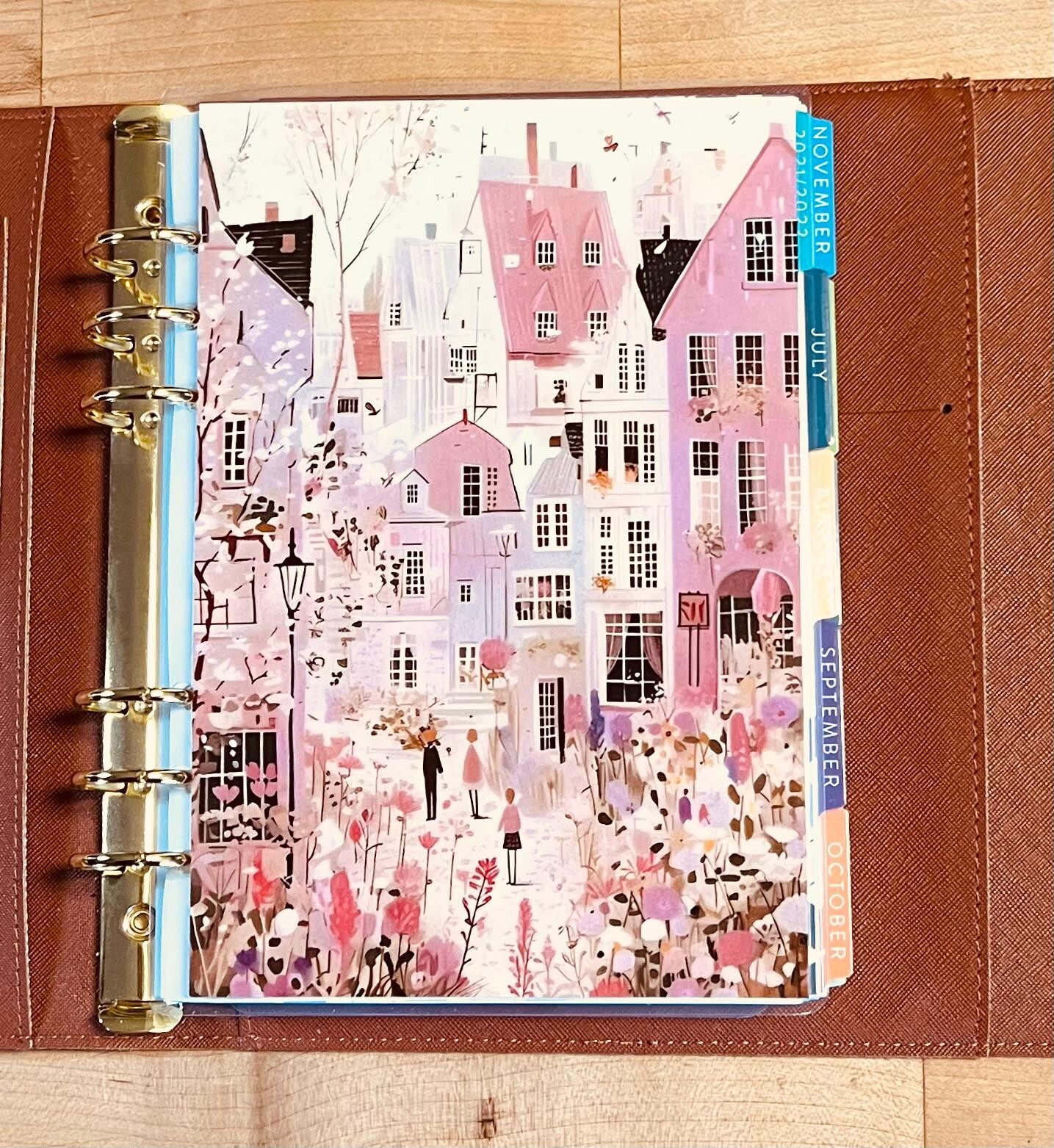 Pink Village House Scene Cover Set for use w Erin Condren A5 Ring Agenda Binder~