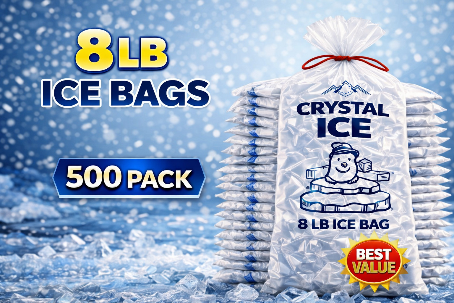 8 LB Ice Bags Drawstring Heavy Duty Clear Plastic Leak Proof Bulk 100,300,500