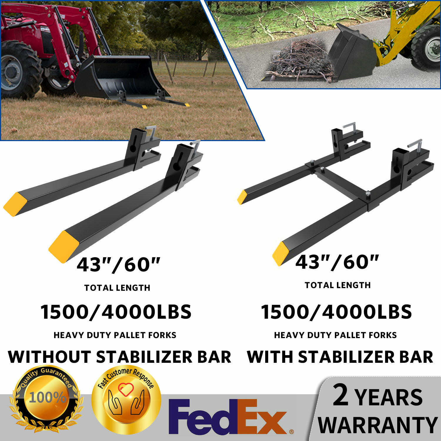 4000lbs 43″ Tractor Pallet Forks Skid Steer Loader Bucket Clamp Forks 1500lb 30″