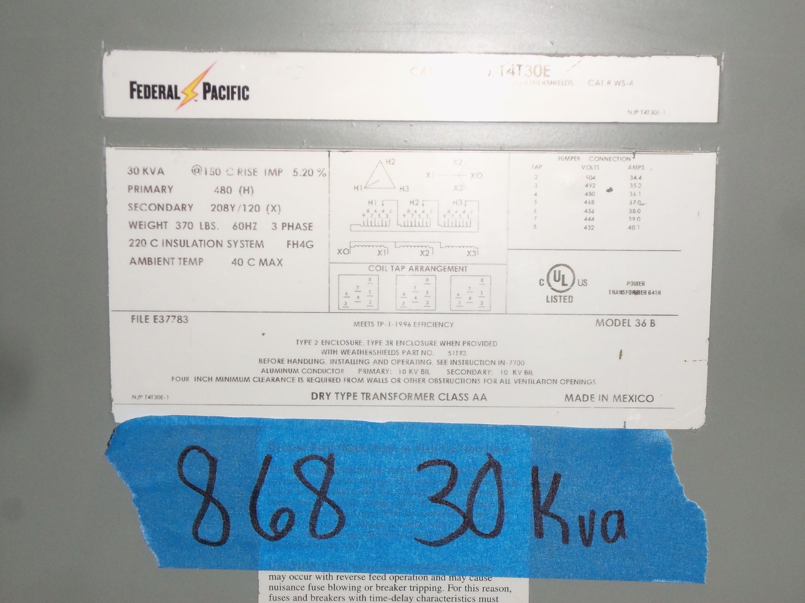 FEDERAL 30kva Transformer 3 Phase 480v-208v/120v 460v 440v 220v 230V DELTA WYE