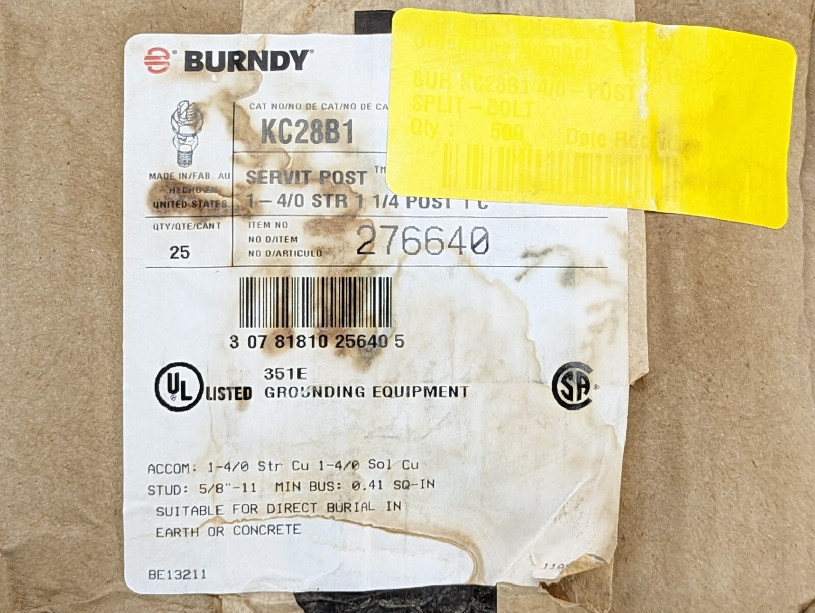 25 Burndy KC28B1 Servit Post Mechanical Grounding Connector