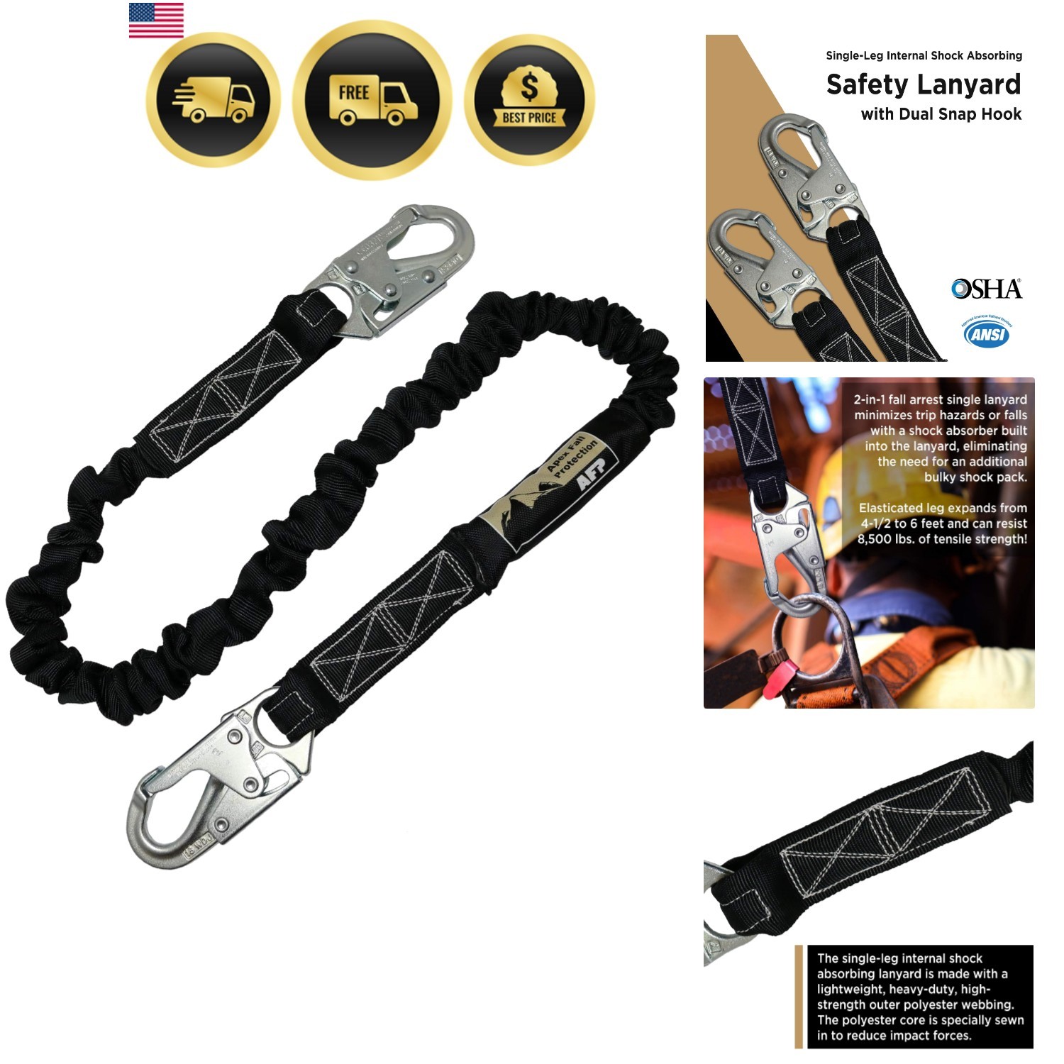 6 FT Single Leg Internal Shock Absorbing Safety Lanyard with Dual Snap Hooks