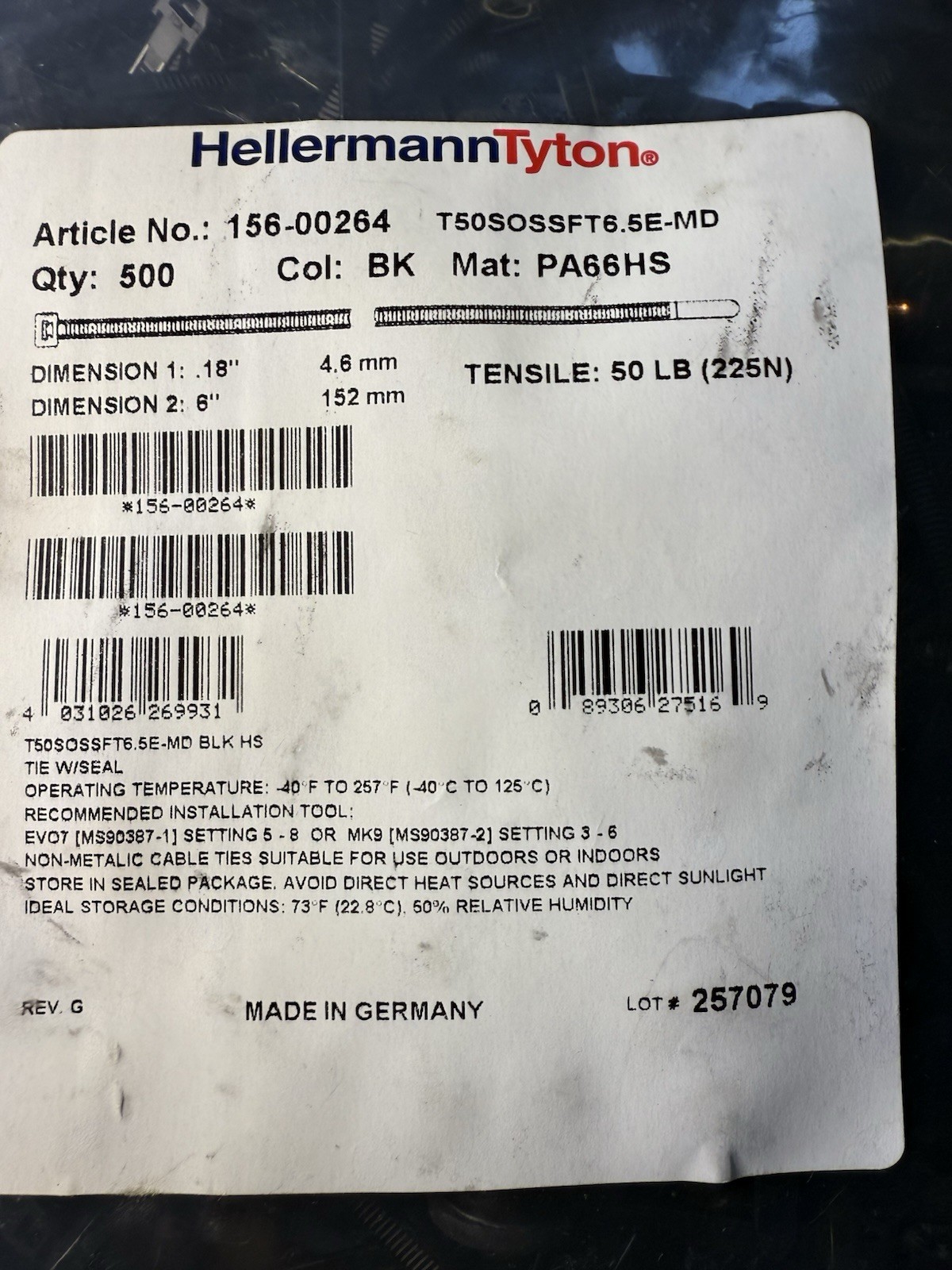 HellermannTyton T50SOSSFT6.5E-MD Black Cable Ties 6” 50lb Qty 500