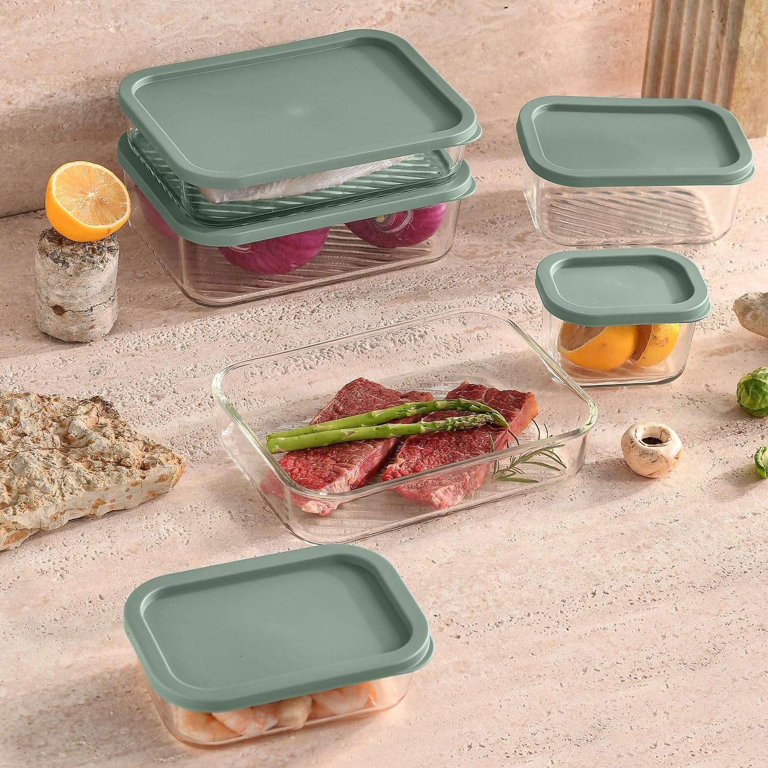 EATEX 6 Pack Glass Meal Prep Containers with Grooved Base, 6 Stackable BPA Fr…