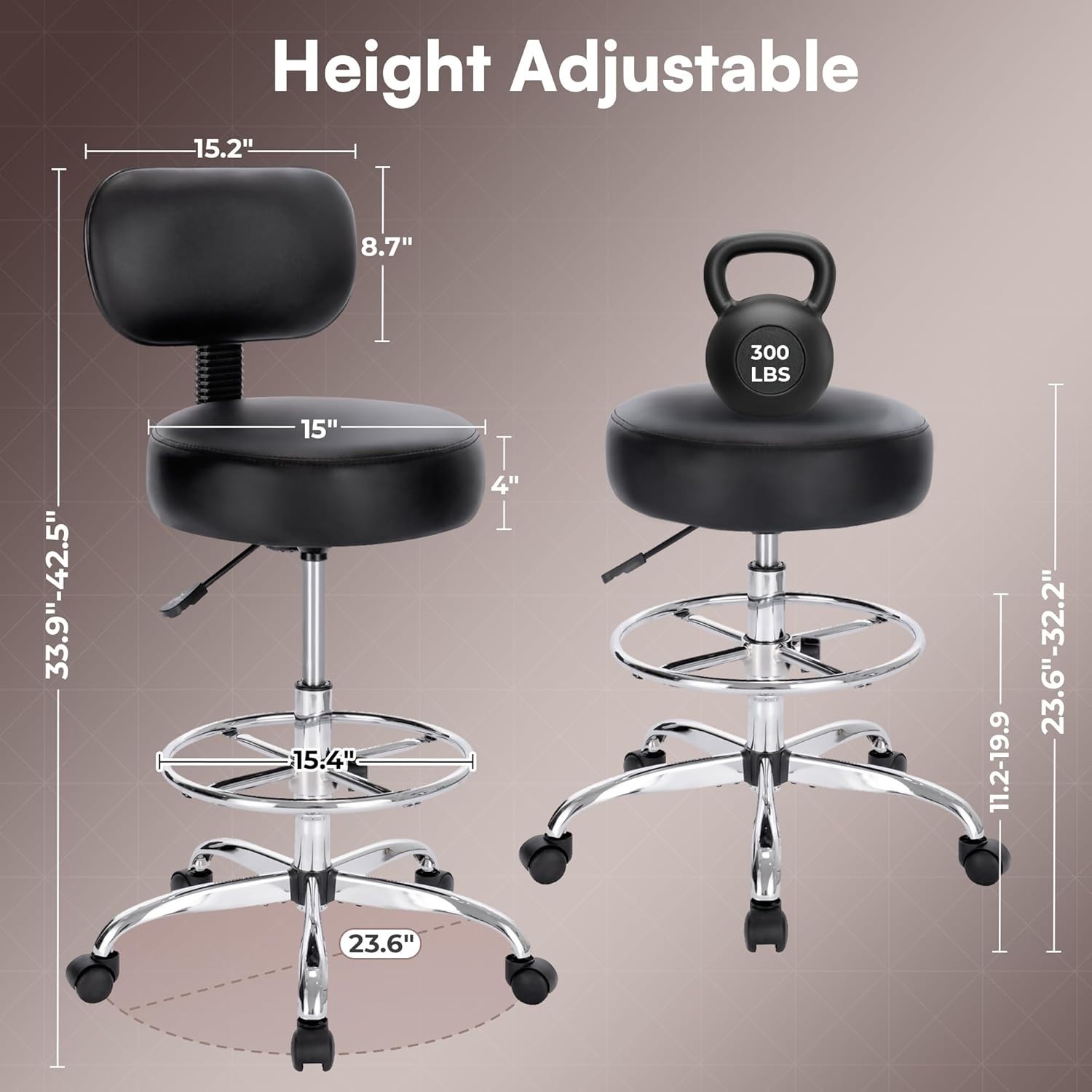 Drafting Chair 23.6 Inch Adjustable Height Swivel Office Stool Black Metal Frame