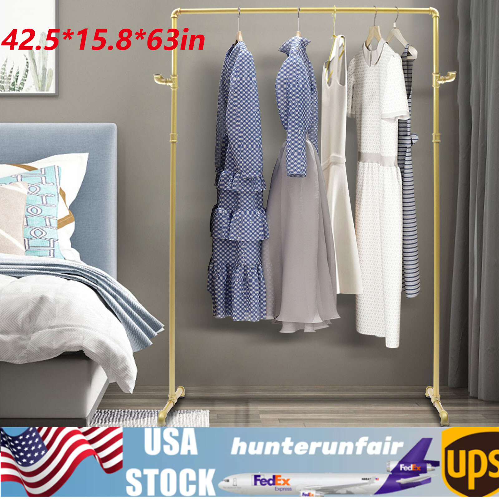 Nano Baking Paint 42.5in Vintage Standing Clothes Rack Portable External Hooks