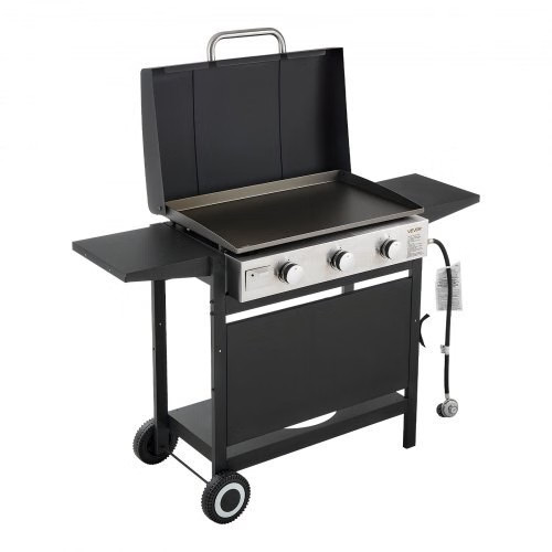 Gas Griddle, 3-Burner Flat Top Grill, Propane Griddle with Wheels, Lid, 3 x 1100