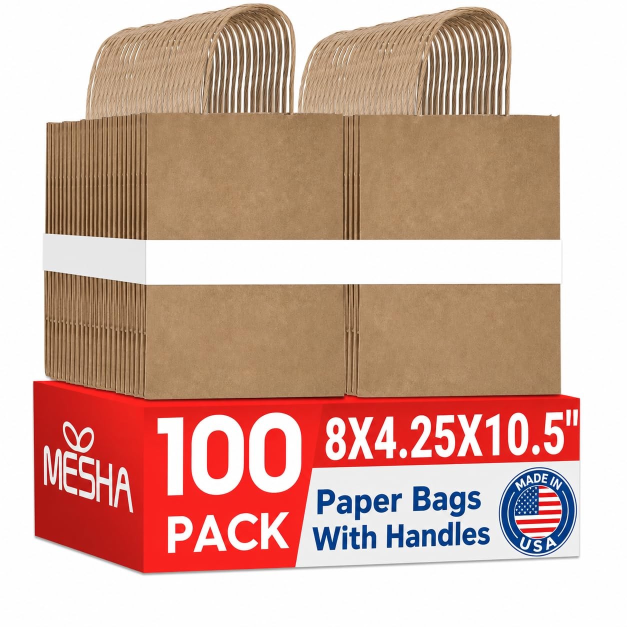 MESHA Brown Paper Bags with Handles, 100 Pack, 8 1 count (Pack of 100), Kraft