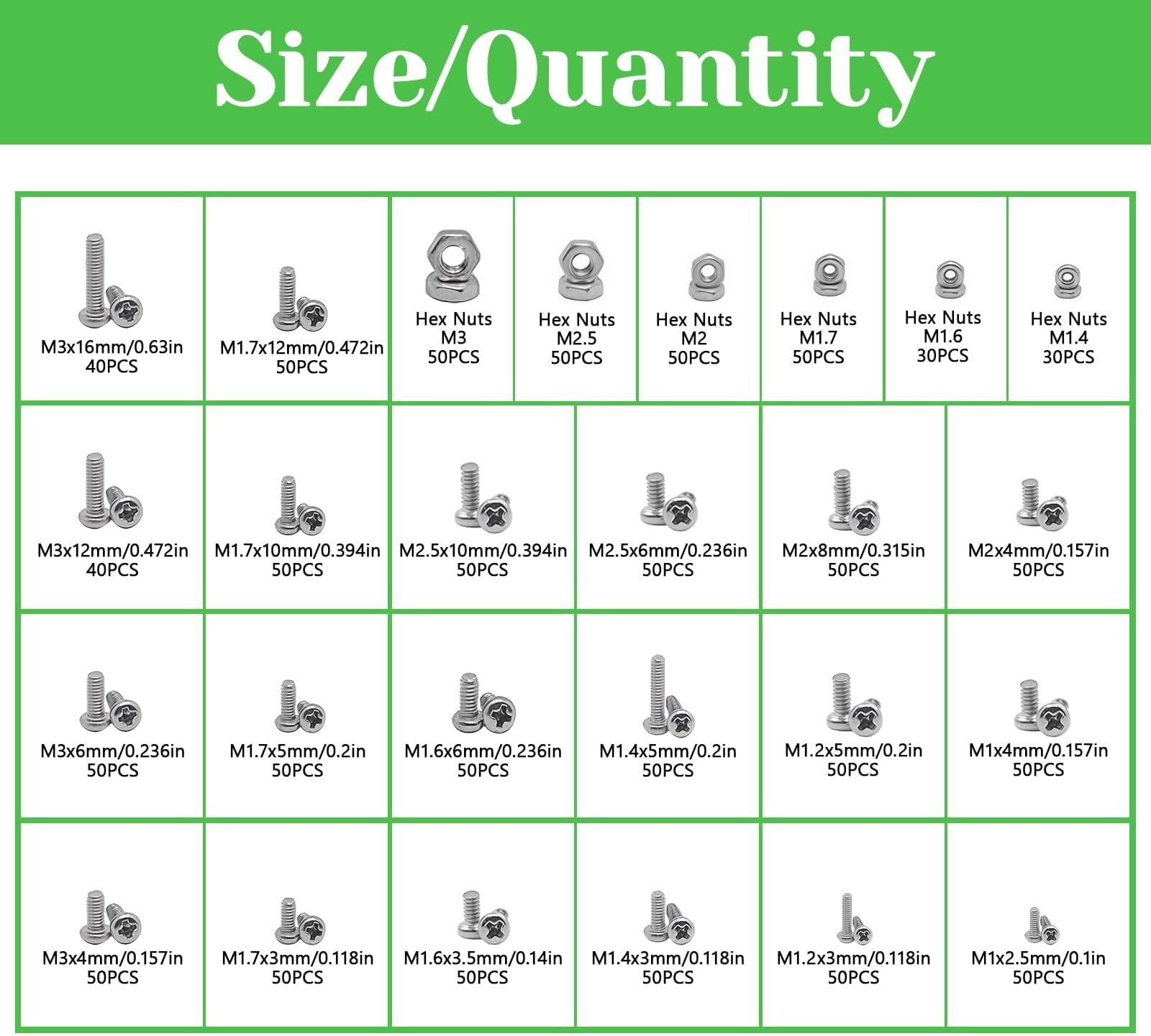 1240Pcs 304 Stainless Steel Metric Micro Screws Nuts Assortment, M1 M1.2 M1.4…